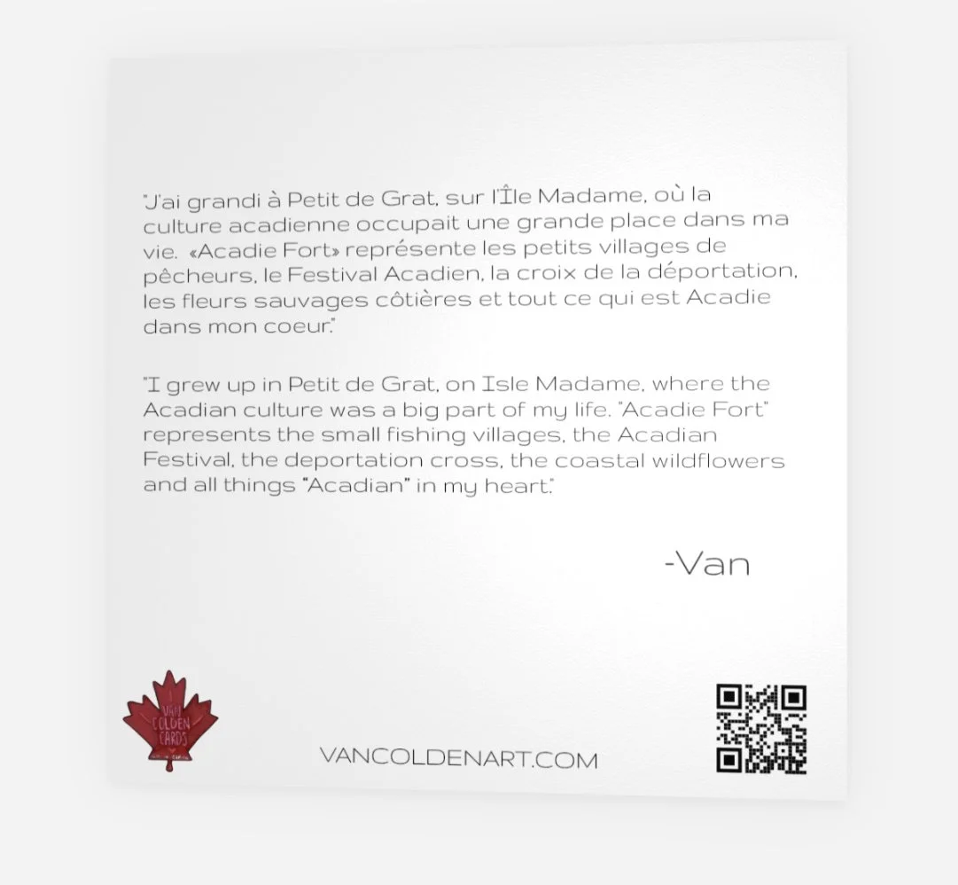 The back of the Acadian card with an artist message in French and in English.