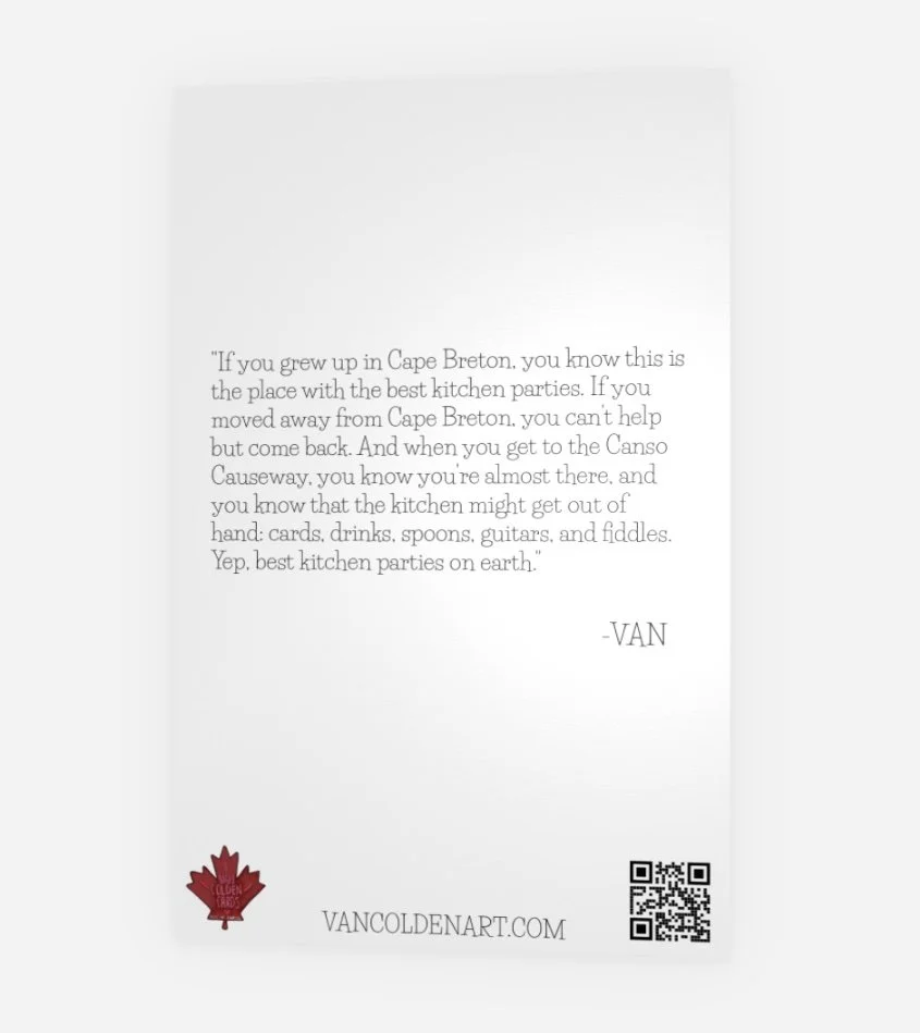 The back of the Canso Causeway card with a message from Van about coming back to her stomping grounds and where she grew up.