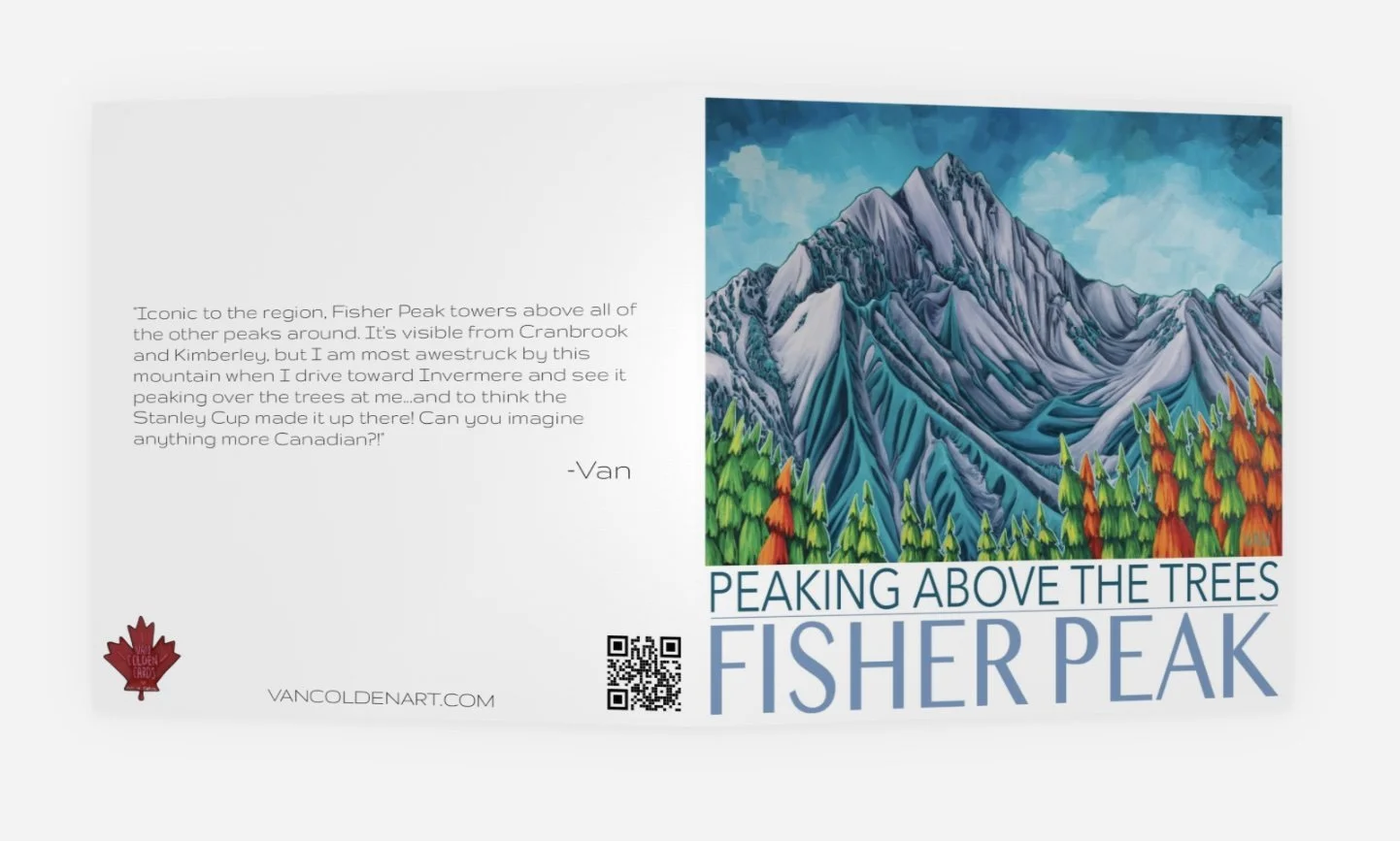 Fisher Peak card, open with the back showing both the front and back of the card. The front has original art work depicting Fisher Peak.
