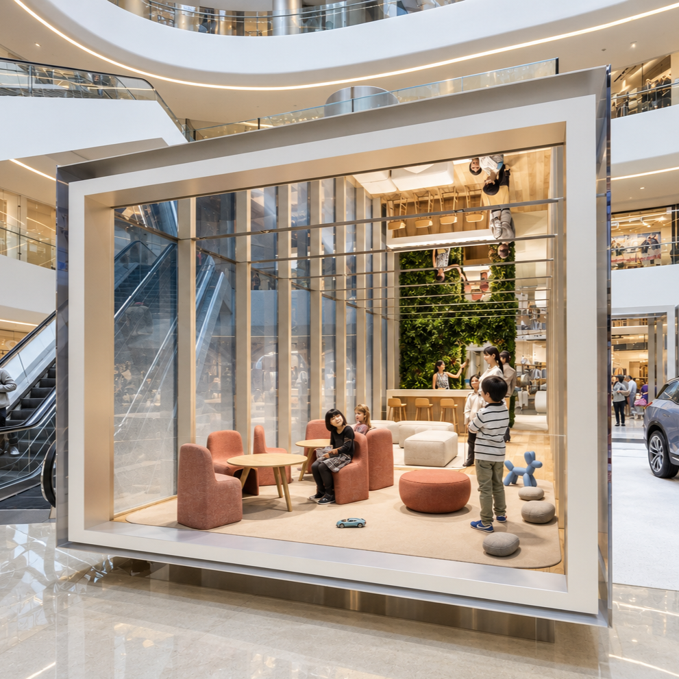 Miniature indoor shopping mall play area with children and adults, featuring colorful furniture, a toy car, and a vertical garden wall.