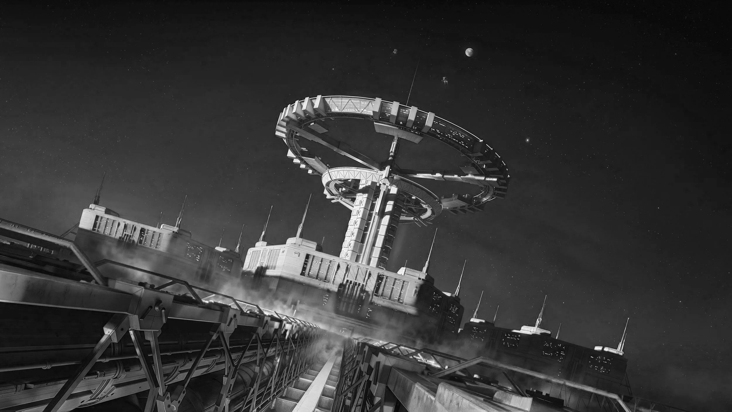 A futuristic space station orbiting Earth, with a structure extending outward and clouds visible beneath.