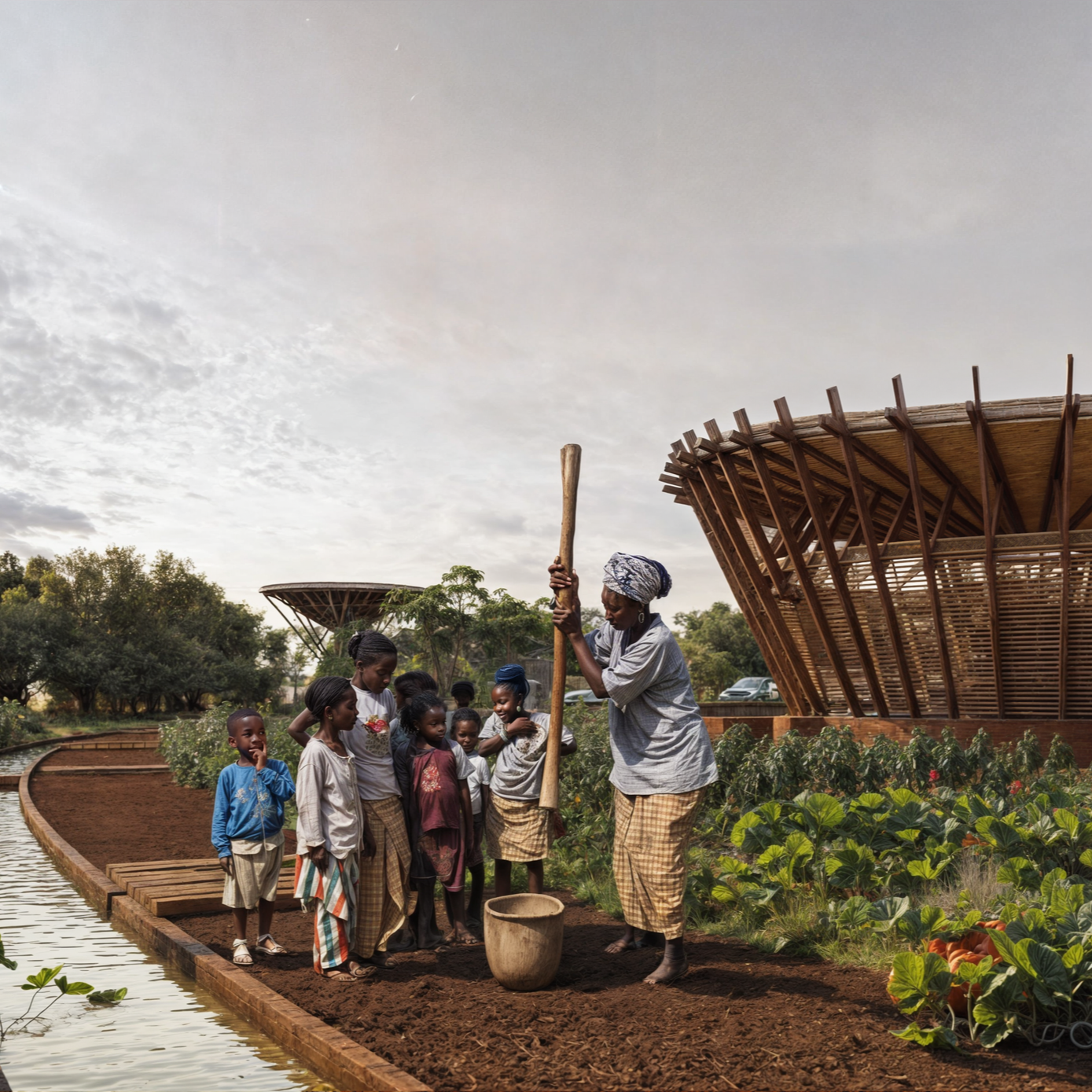 People working in a lush farm with a unique architectural building in the background, under a blue sky with clouds.