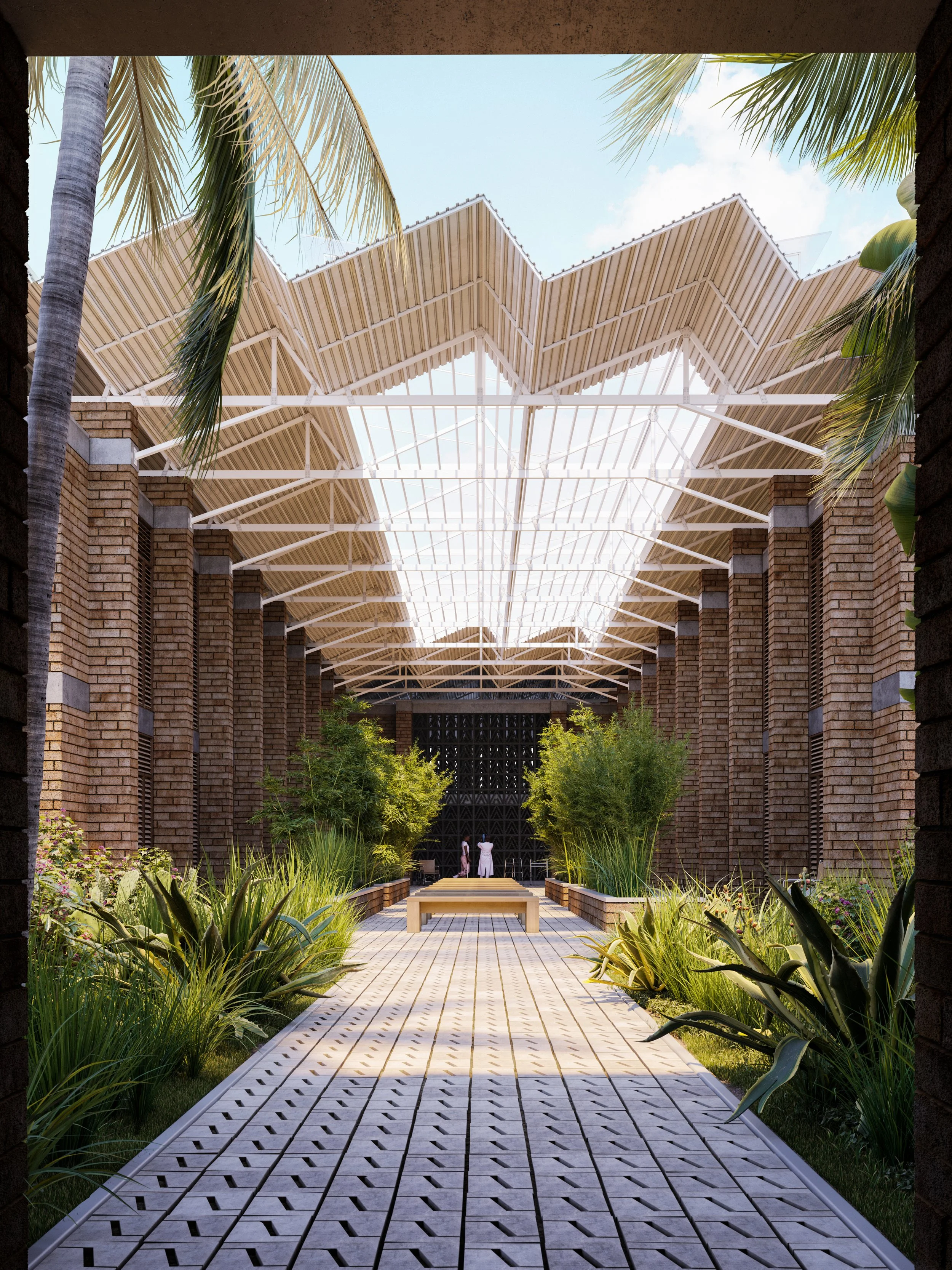 Interior of a building with a high, gabled roof made of wooden slats and trusses. The lower part features brick walls, windows with wooden shutters, and a bed of tall green grass in a brick planter. There are cement beams supporting the roof, and a person walking outside is partially visible through an opening.