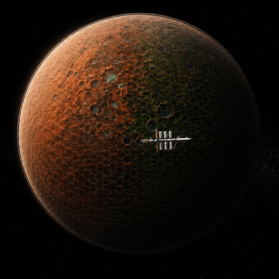 A futuristic space station orbiting Earth, with a structure extending outward and clouds visible beneath.
