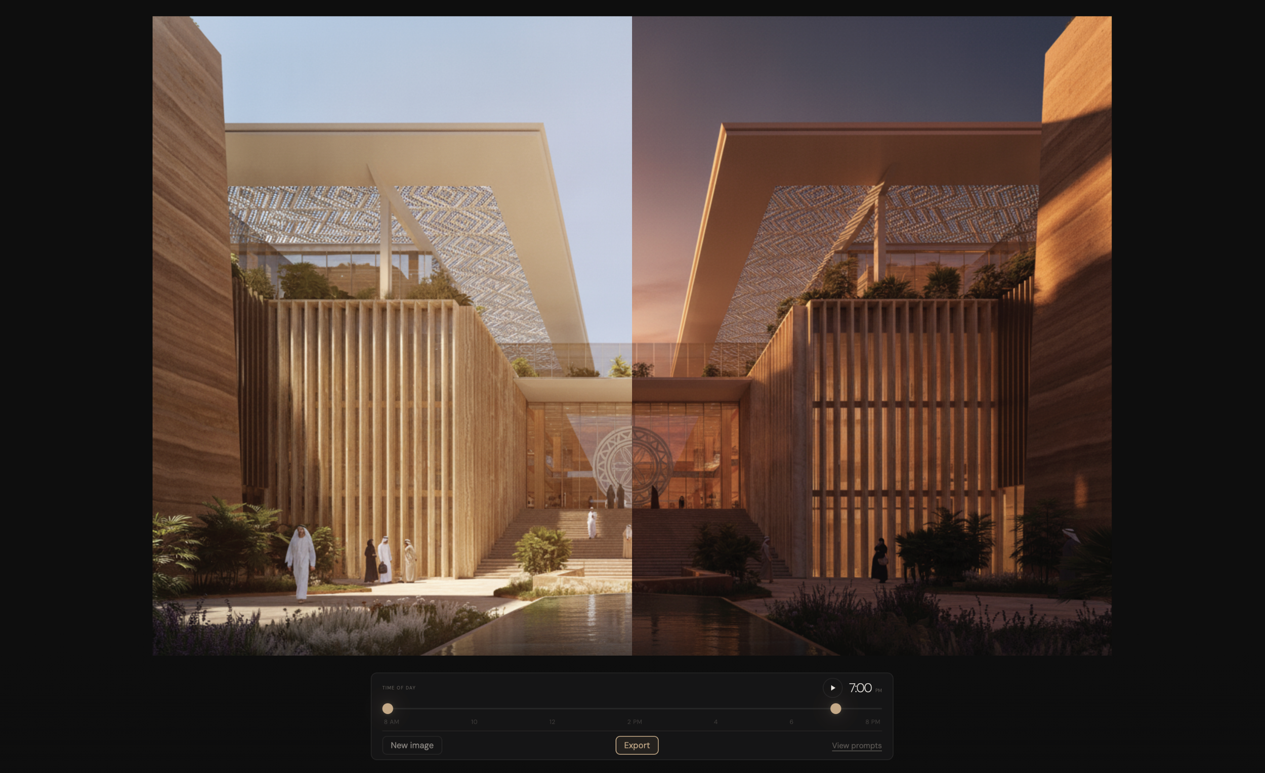Living Image: the same building at 8:00 AM and 7:00 PM, split down the centre of one frame