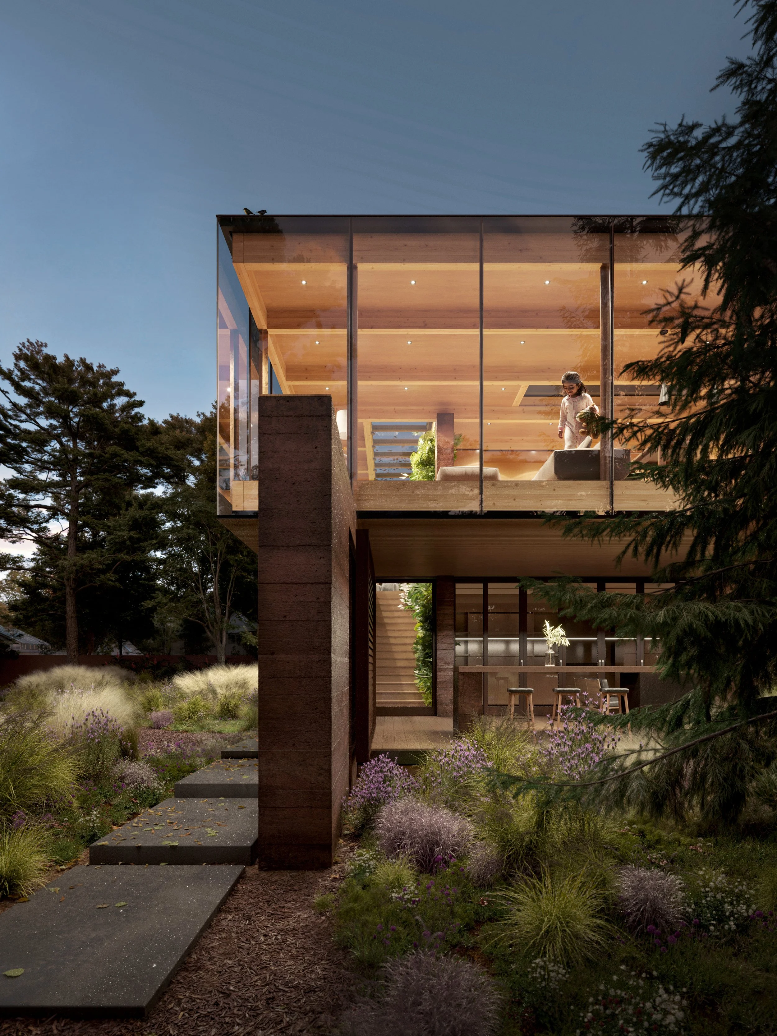Modern house interior with wooden walls and flooring, a bar-height table with four bar stools, and a view of a garden with colorful trees and rocks through large sliding glass doors.