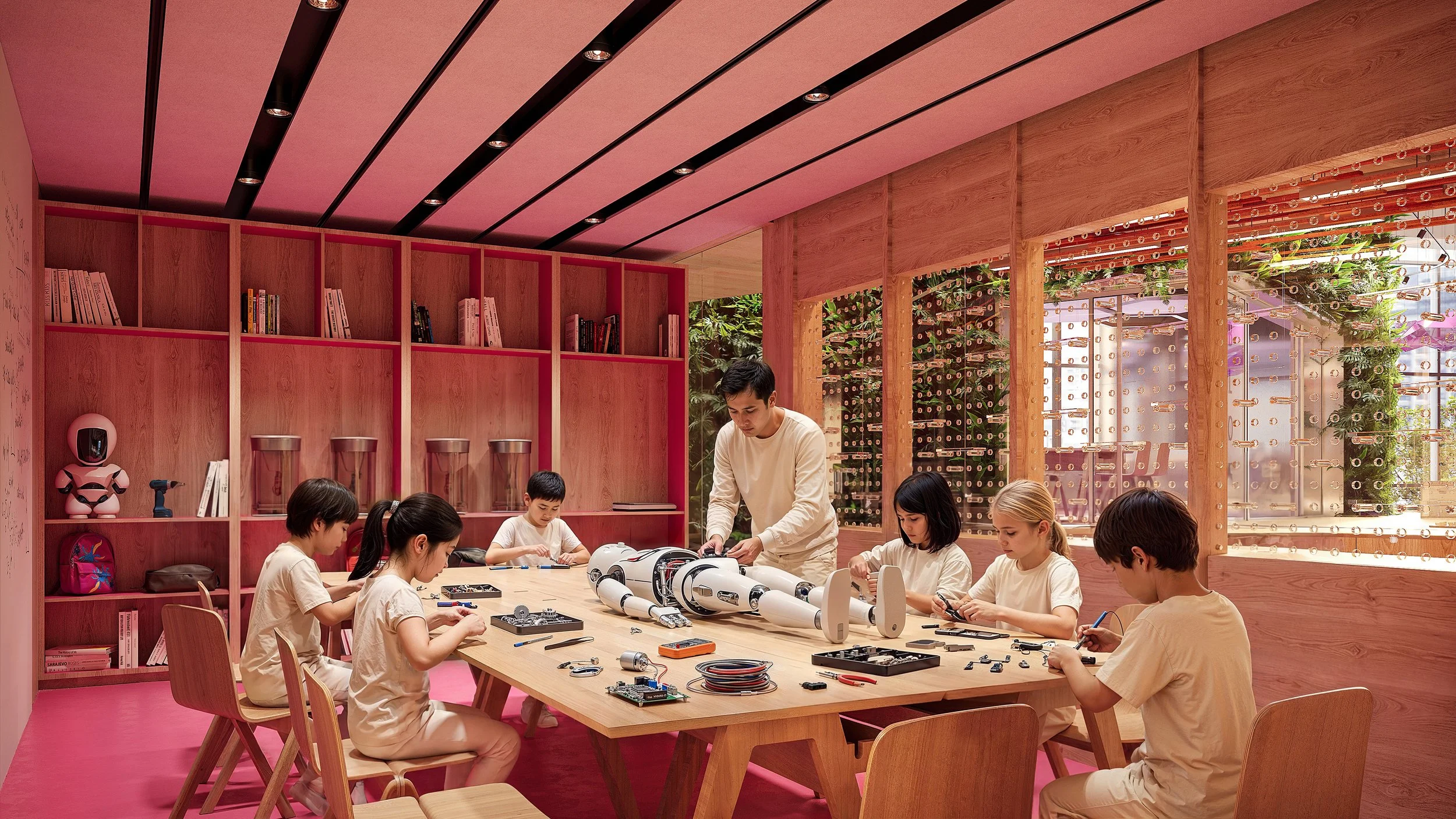 Children and adults in a colorful indoor play area with books, greenery, and large windows showing trees outside.