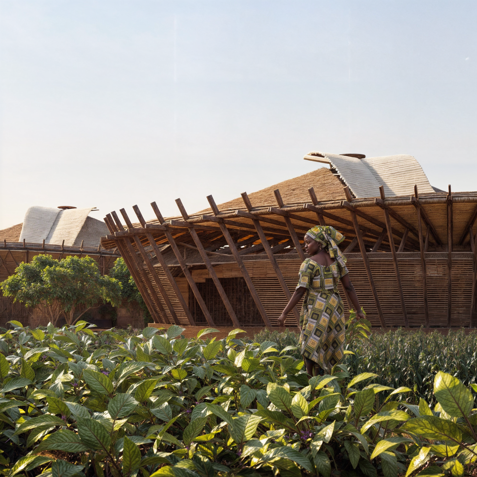 People working in a lush farm with a unique architectural building in the background, under a blue sky with clouds.