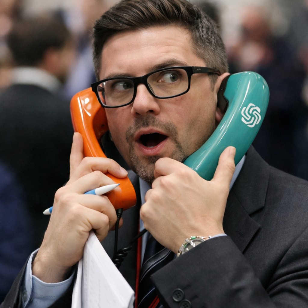 Man wearing glasses talking on a large telephone headset at a busy event.