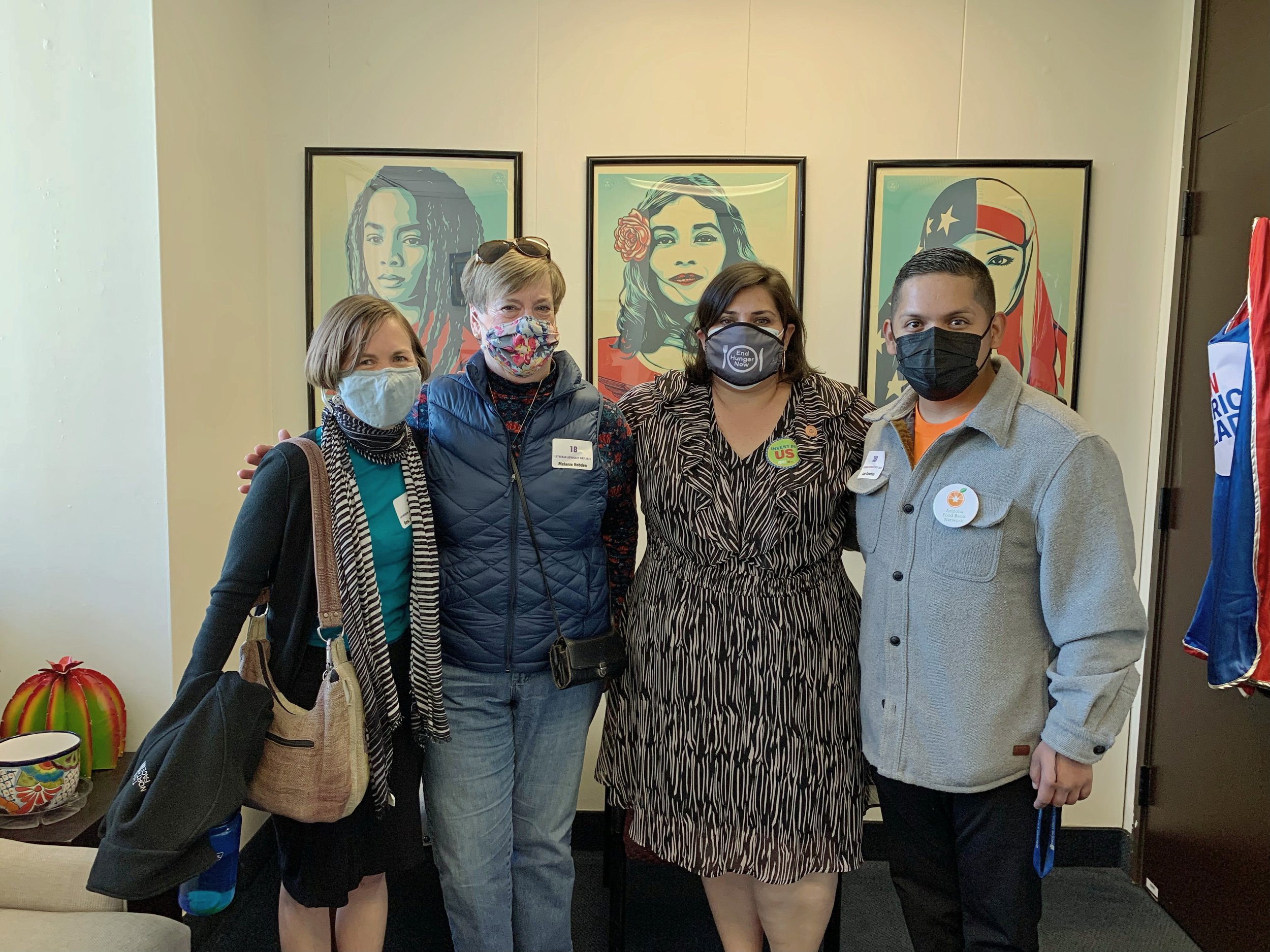  From left to right: Rev. Sarah Stadler of Grace in Phoenix, Melanie Hobden of Desert Cross in Tempe, Senator Raquel Terán (D), LD30 and Lupe Conchas, Bread for the World regional organizer. 