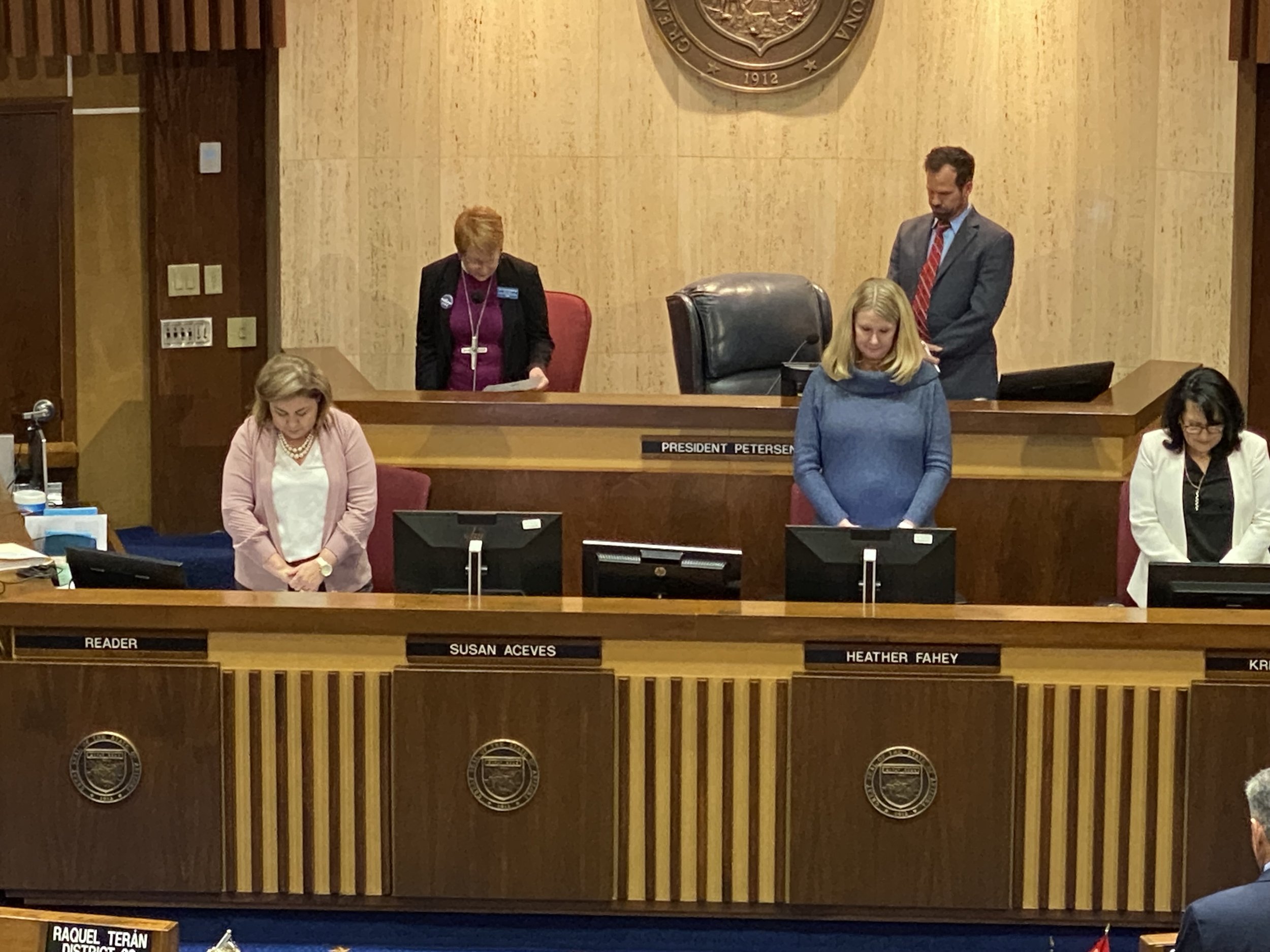  Bishop Deborah Hutterer leads the Invocation in the Arizona Senate. To her left (viewing right) is Senate President Warren Peterson. 