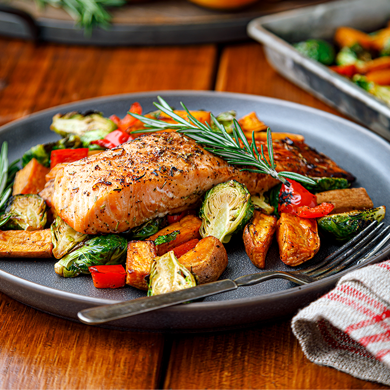 Balsamic Salmon with Sweet Potatoes and Sprouts