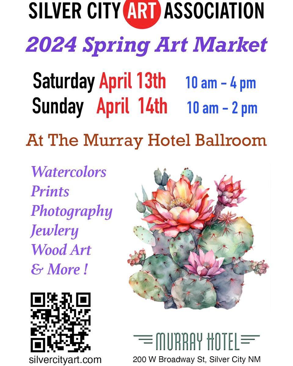 Spaces are available! Spring Art Market!
Juried market for art and artisan crafts. $45 SCAA nonmember, $30 SCAA member for a 10x10booth. Please apply at Silvercityreddot@gmail.com. Please include photos of your art and plans for your display.  #silve