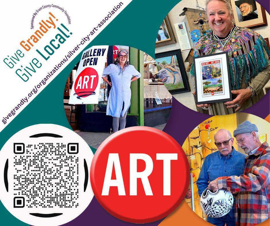 Give Grandly! Silver City Art Association in person, on line or use the QR code. Thank you! #silvercityartassociation #silvercitynmart #SilverCityNewMexico #newmexicotrue #buylocalart