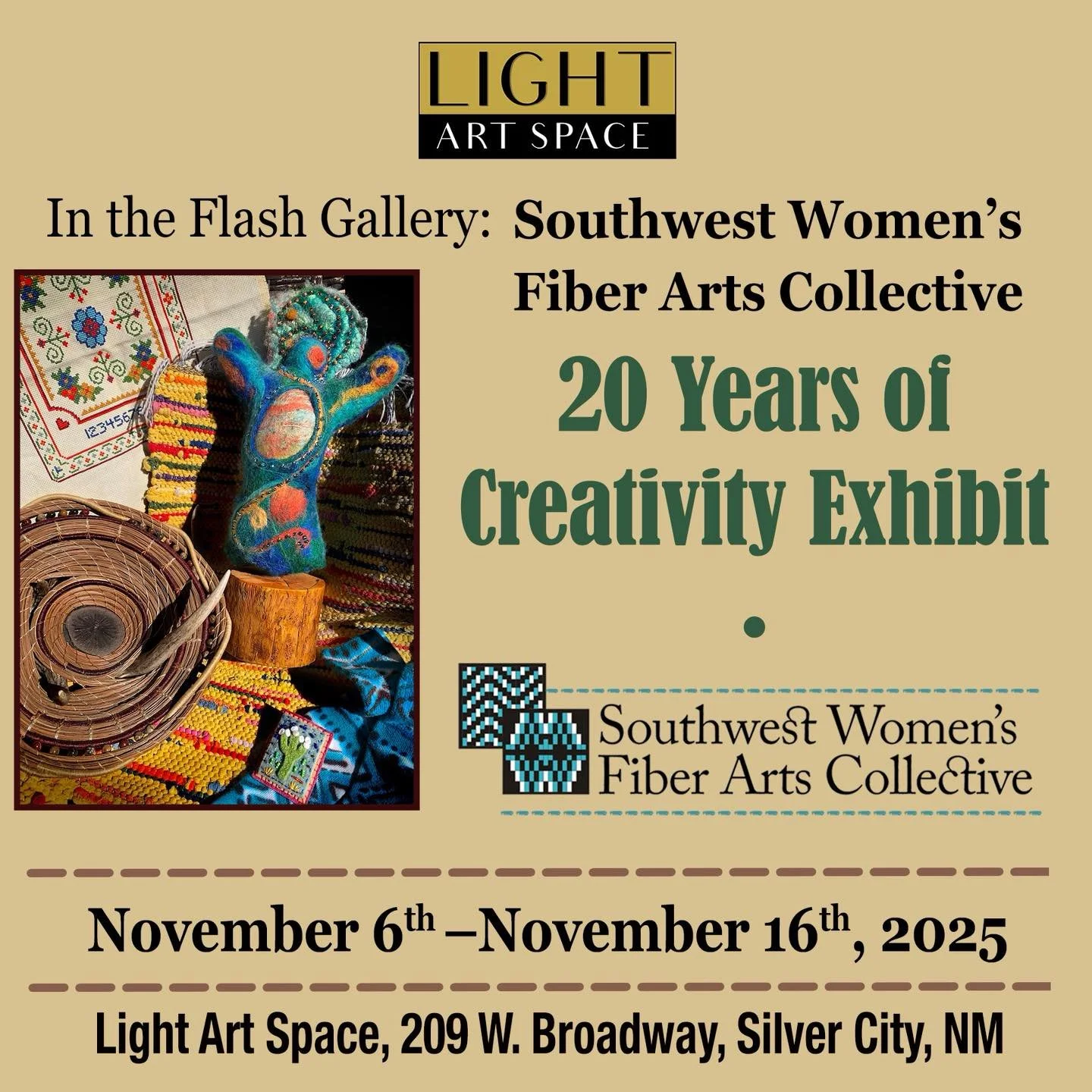 Celebrating 20 Years of Creativity! Southwest Women&rsquo;sFiber Arts Collective! Join them for Nov 7 First Friday reception 5:00-7:00 at Light Art Space #firstfridaysilvercity #SilverCityNewMexico #silvercitynewmexico #silvercitynm #visitsilvercity 
