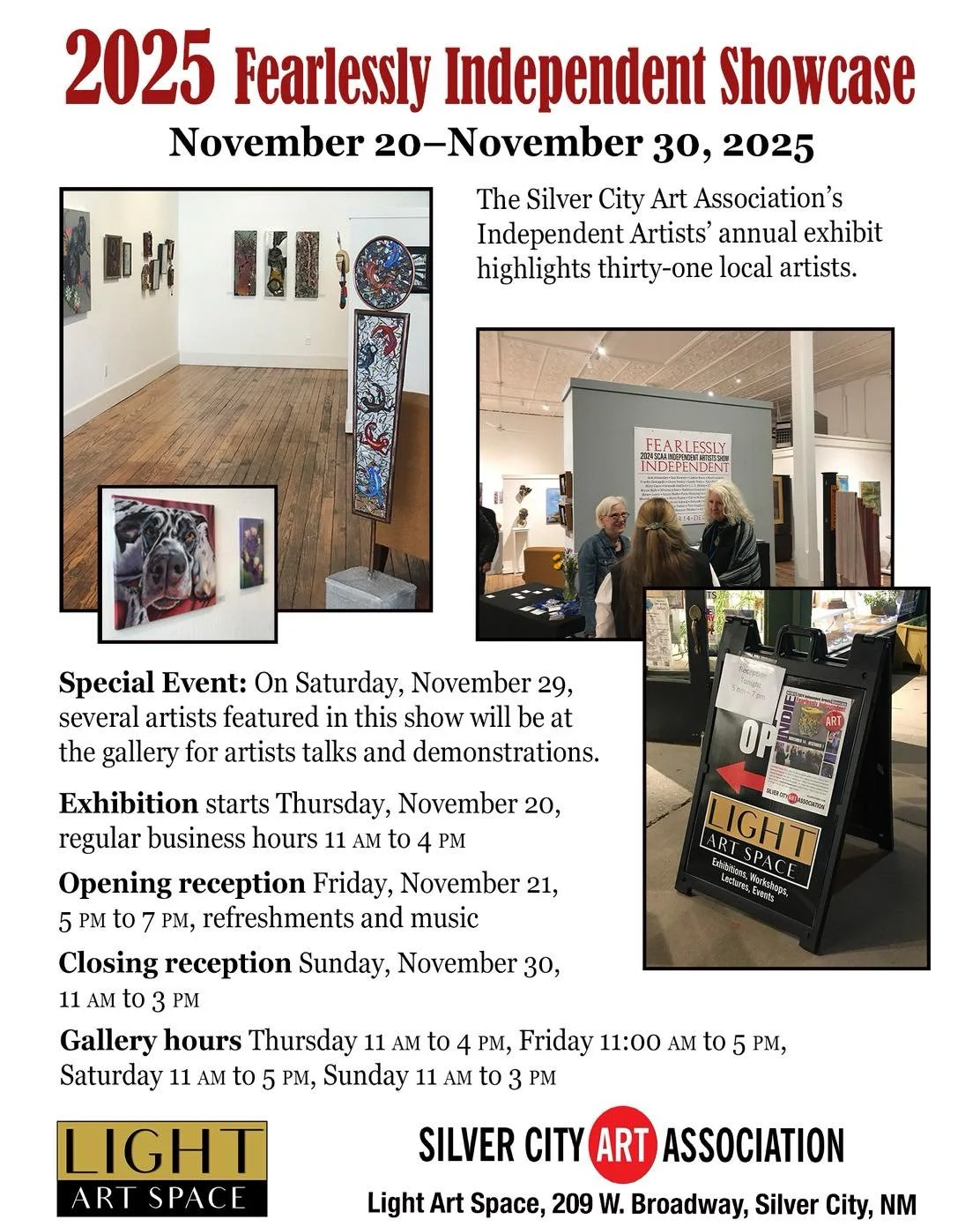 🔴SCAA INDEPENDENT ARTISTS! 🔴
Fearlessly Independent Artists Showcase opens Thursday with a reception on First Friday at Light Art Space 5:00-7:00.