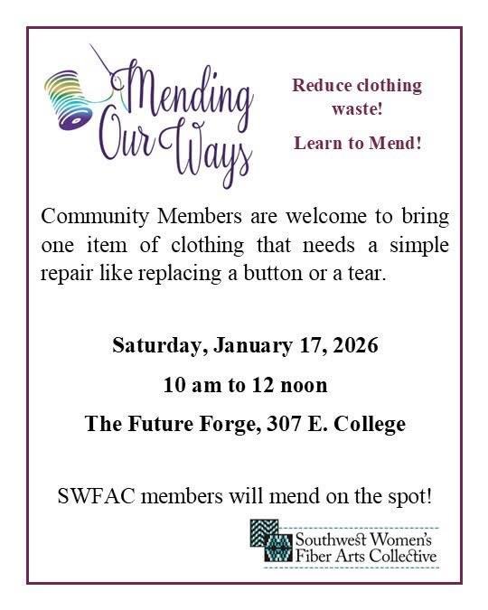 Next Saturday! SWFAC will mend your small fashion repairs and teach you mending basics! #silvercityartassociation #southwestfiberartscollective #visitsilvercitynm #visitsilvercity #learn #to #mend #learntomendyourclothes #learntomendyourclothing
