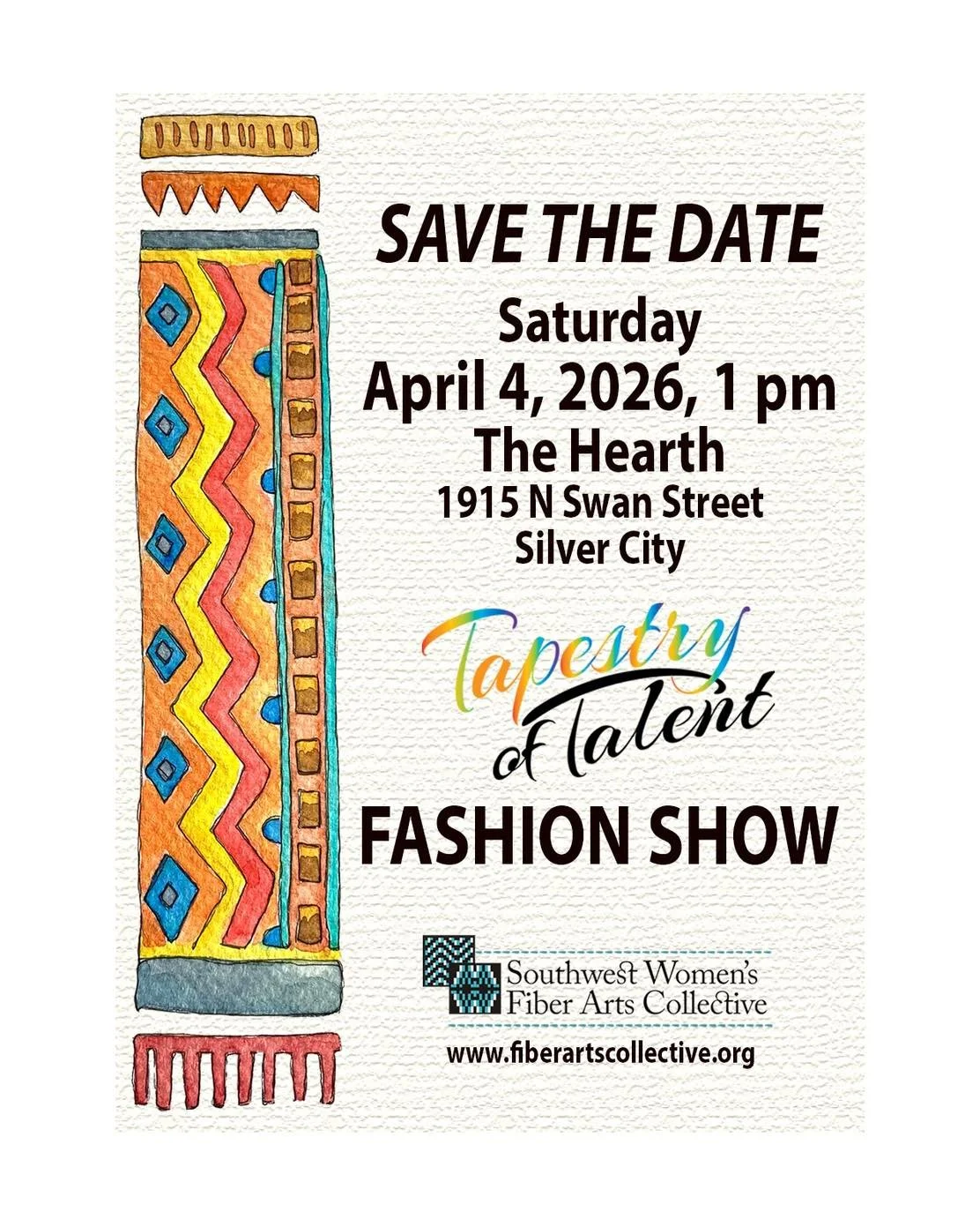 From our member SWFAC:
&ldquo;Our nonprofit, the SW Women's Fiber Arts Collective is having our annual fundraiser fashion show April 4, 2026. The garments are unique and made especially for the show. Many are available for purchase immediately after 