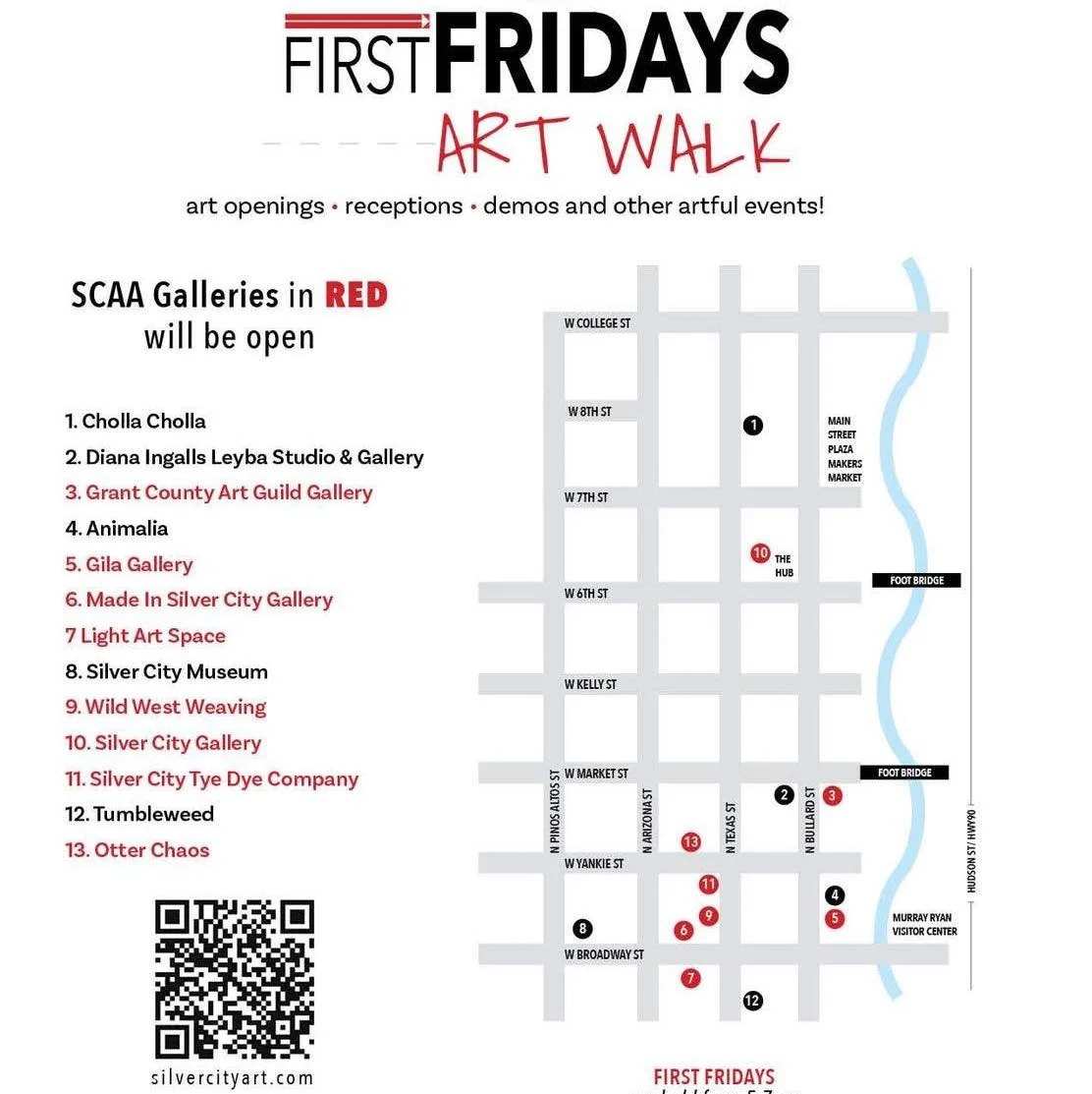Great weather to get out and celebrate First Friday! Light Art Space, Otter Chaos, Grant Co Art Guild gallery &amp; studio, MISC, Silver City Gallery, Silver City Tye Dye just to mention a few! Plus the many shops &amp; eateries downtown! #silvercity