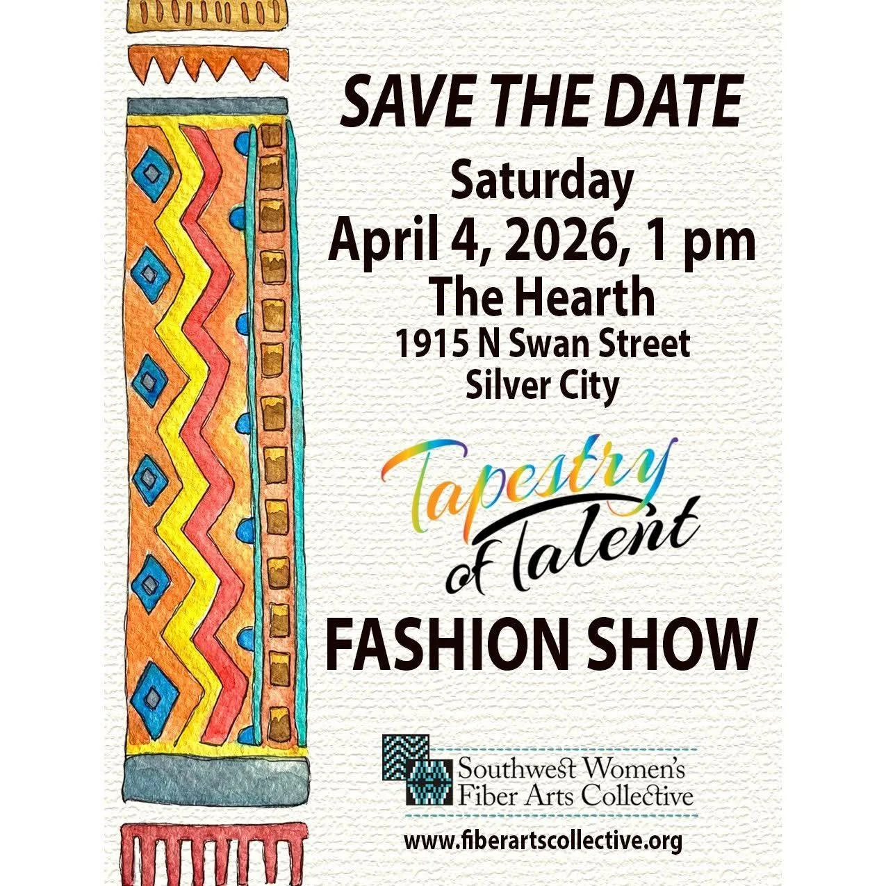 This Saturday! SWFAC Tapestry of Talent Fashion Show! Tickets available Friday at Silver City Tye Dye on the corner of Texas &amp; Yankie! Or on line at fiberartscollective.org, or at the door ! Over 100 amazing fiber arts on the runway!