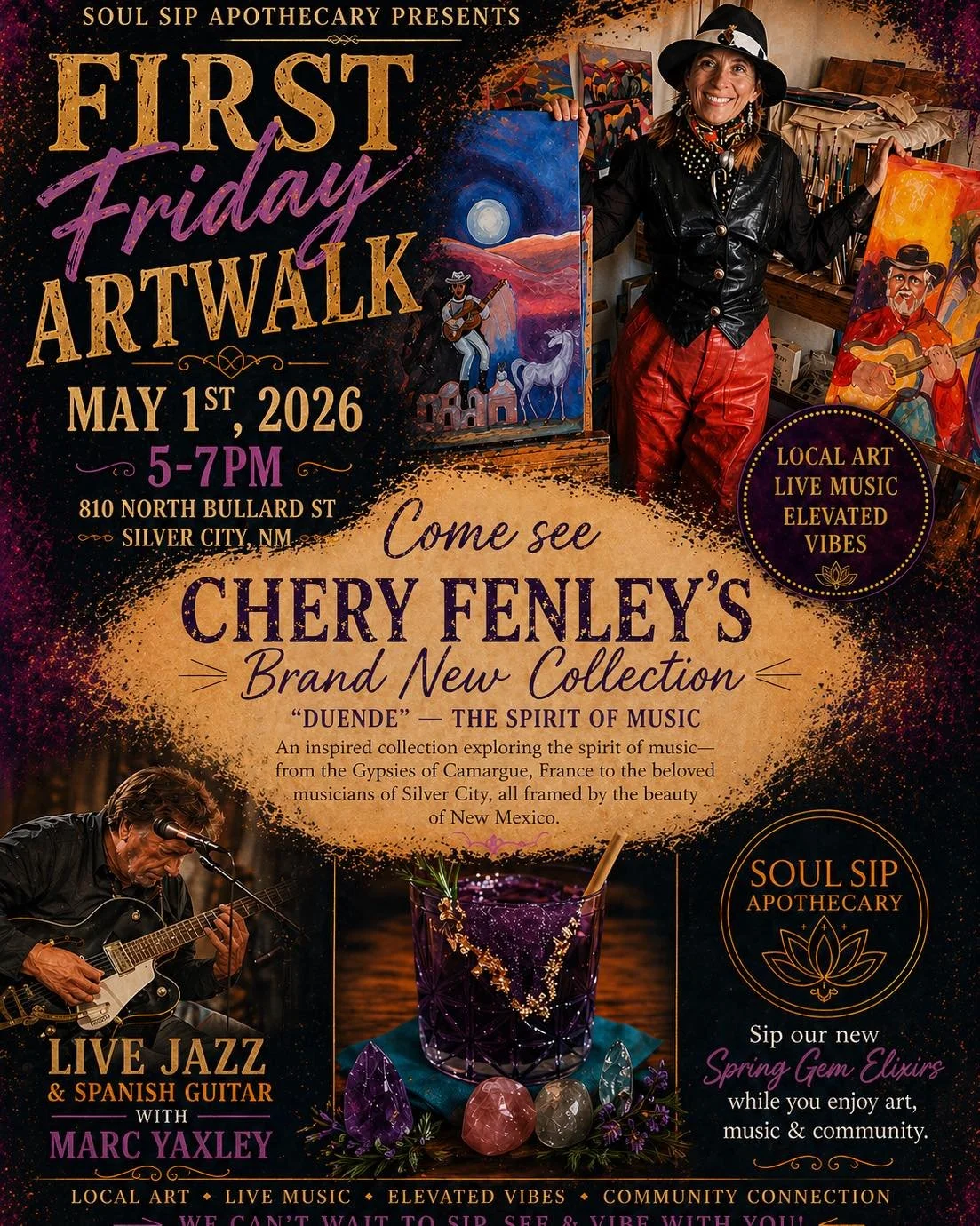 SCAA&rsquo;s newest Artful Business &ldquo;Soul Sip Apothecary &ldquo; featuring artist Chery Fenley! Welcome to First Friday Art Walk! #silvercityartassociation #firstfridaysilvercity #silvercitynewmexico #visitsilvercity #visitsilvercitynm