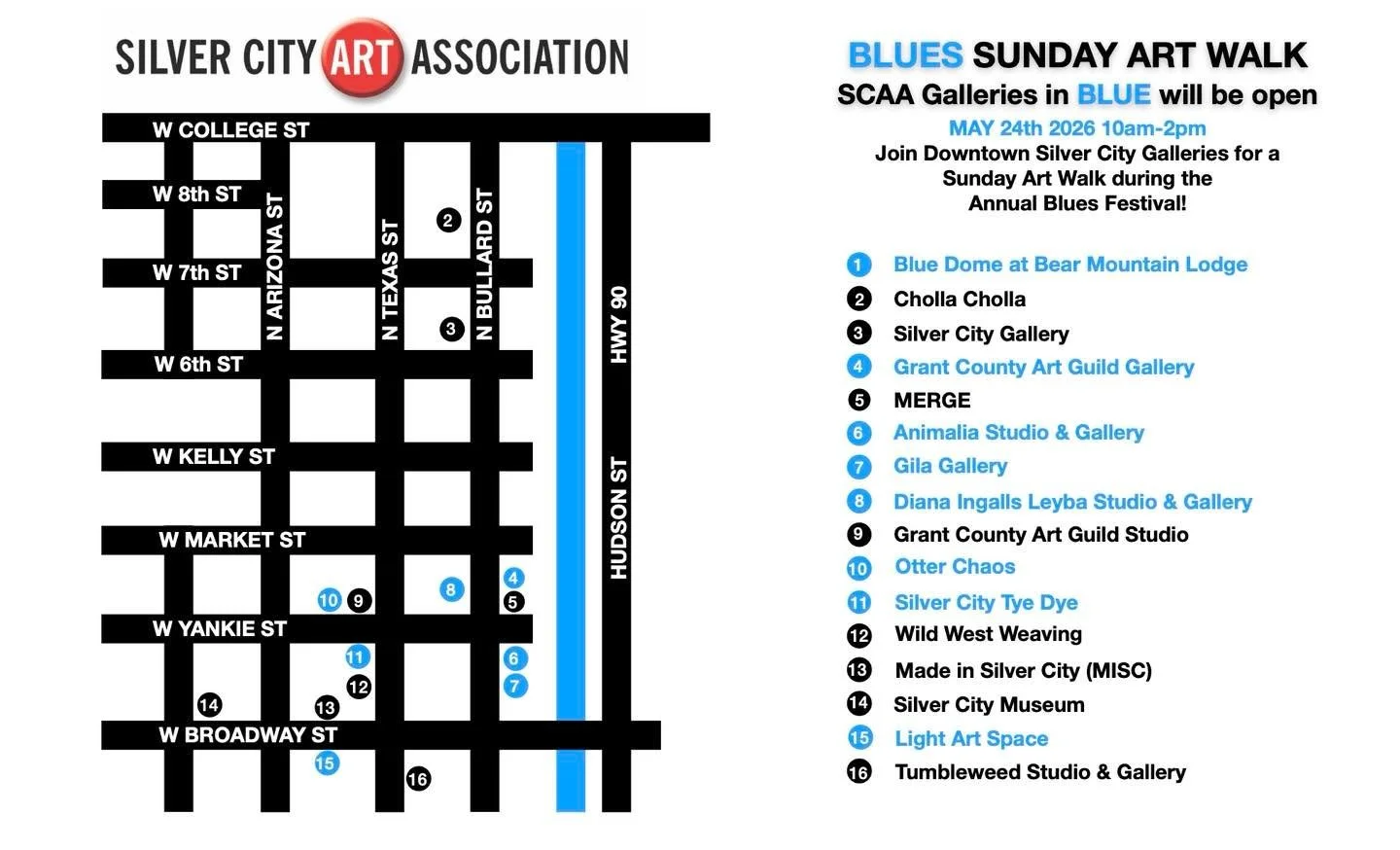 🔵 BLUES ART WALK SUNDAY🔵
Visit the SCAA 🔴 RED DOT Galleries!
#silvercityartassociation #southwestarttowns #silvercitynmart #silvercityartsdistrict #silvercityart #visitsilvercity #visitsilvercitynm #silvercityartist
