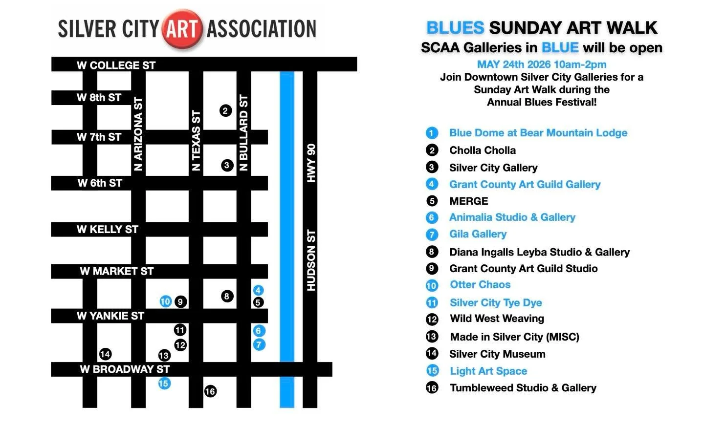 Stop by the SCAA GALLERIES all weekend! Especially during the Sunday Blues Art Walk! #silvercityartassociation #silvercitynm #visitsilvercity #silvercityartsdistrict #buylocalart #newmexicotrue #southwestarttowns
