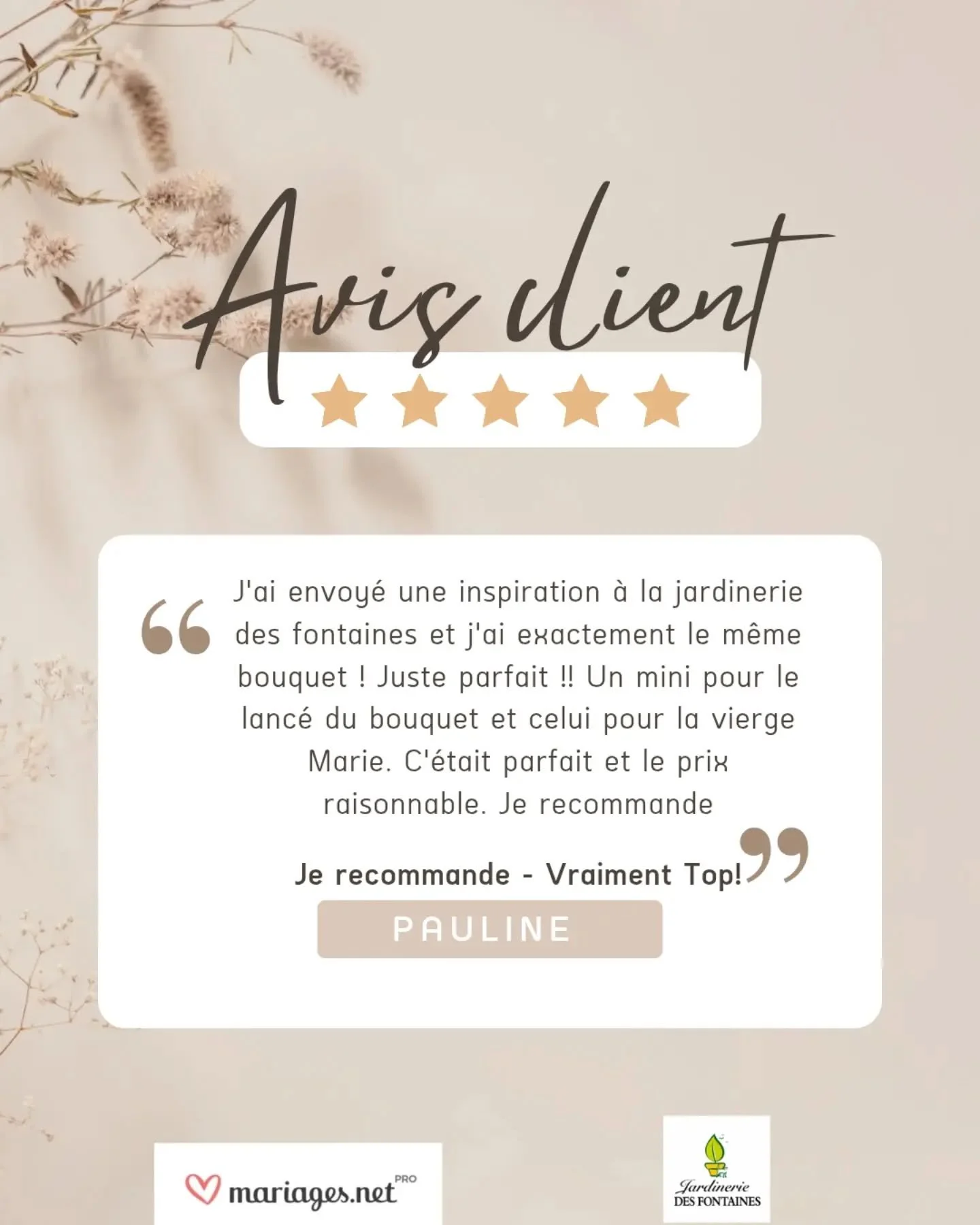 Nous adorons composer 🌸🤍, pour votre plus beau jour, et &ecirc;tre au plus proche de ce que vous d&eacute;sirez 💍
Nous avons &agrave; c&oelig;ur que notre prestation florale sublime votre MARIAGE 🏹 
Merci pour votre confiance et vos avis 🤍💗