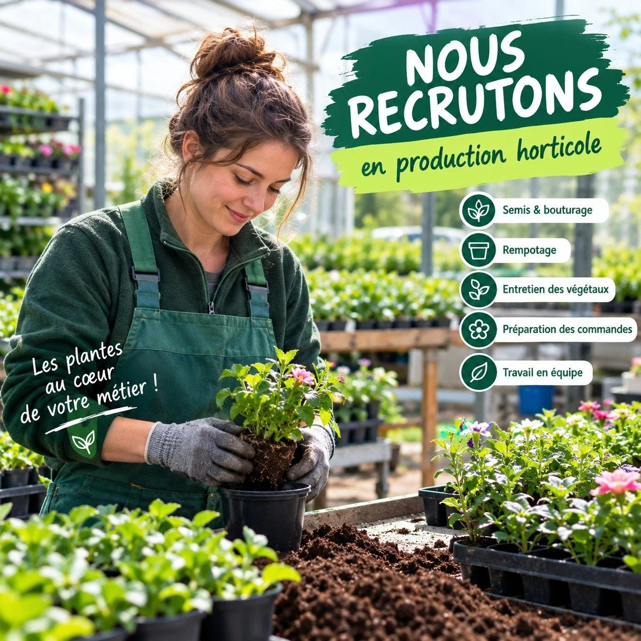 🌱 NOUS RECRUTONS &ndash; PRODUCTION HORTICOLE 🌱

Vous aimez les plantes, le travail en &eacute;quipe et le monde de l&rsquo;horticulture ? Rejoignez notre jardinerie !

Nous recherchons un(e)  employ&eacute;(e) de production horticole pour renforce