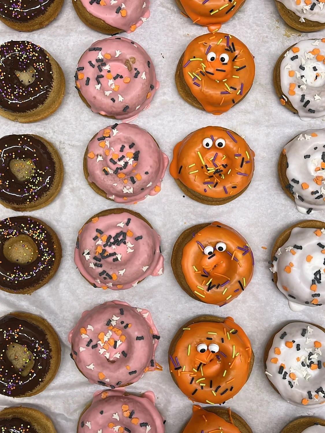 Starting this Tuesday 10/28 through Friday 10/31, we will be offering Halloween Themed Donuts. 

Flavors offered are:
Vanilla Sprinkle
Strawberry Sprinkle
Vanilla Sprinkle with Orange Glaze
Vanilla Donut with Chocolate 

Available in store 10/28 thro
