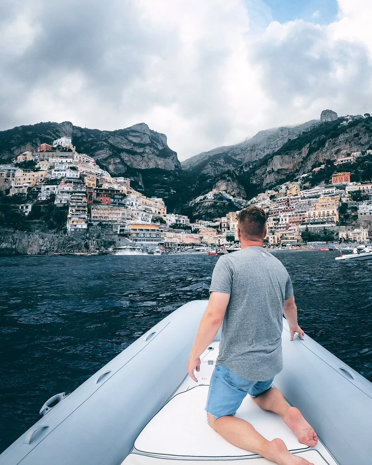 This is Positano, Italy. The day we rented a boat and piloted it down the Amalfi Coast.