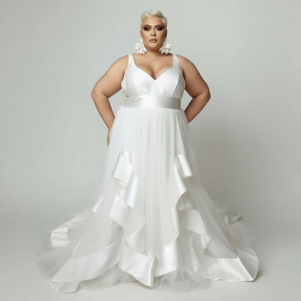 A  fat woman with platinum blonde hair in an elegant white gown with ruffled details, posing against a plain light background.