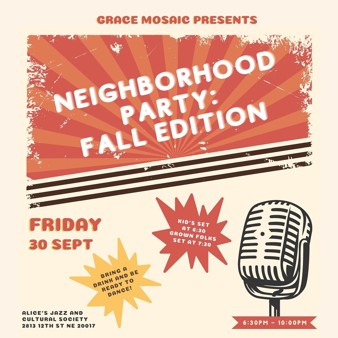 Come enjoy some good music and food with the Grace Mosaic crew and dance the night away!

Join us Friday, September 30th starting at 6:30pm with a kid-friendly set. We&rsquo;ll have the grub provided (out when we're out!) but make sure to bring any d