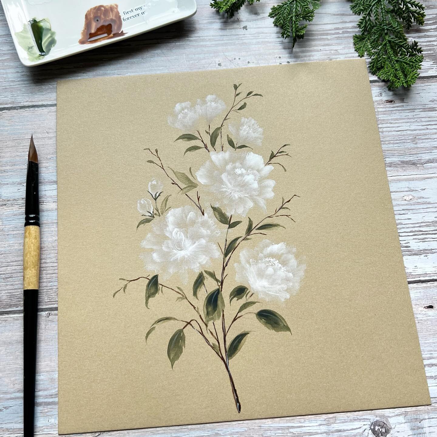 A fluffy and light watercolor &amp; gouache floral stem on Kraft paper 🤍💐🤎 I appreciate your most kind and generous messages on my stories about a similar piece I was practicing with yesterday ☺️ Thank you! ⁣
⁣
This is created with white gouache a