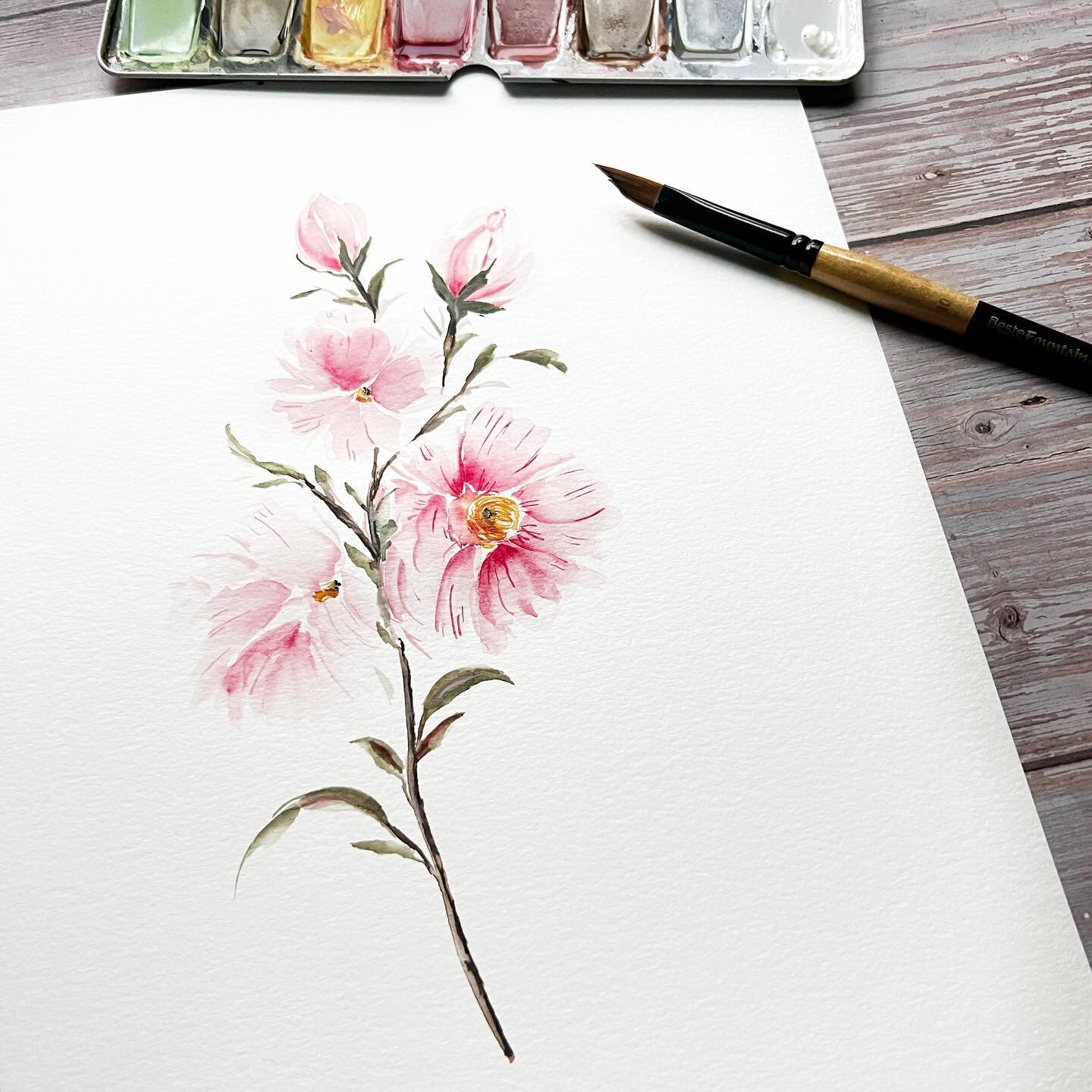 Wedge brush watercolor florals of some sort. I&rsquo;m a huge fan of quiet early morning practice before I tackle the to-do list. You too? ☕️ 🎨 📖 
⁣
⁣
#wedgebrush⁣ #watercolorpaintings #floralwatercolor 
⁣