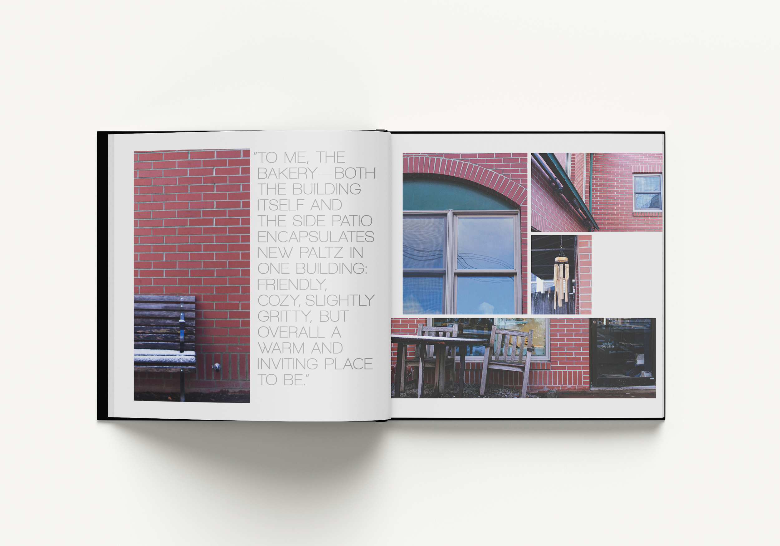 Page spread with images of The Bakery and a quote.