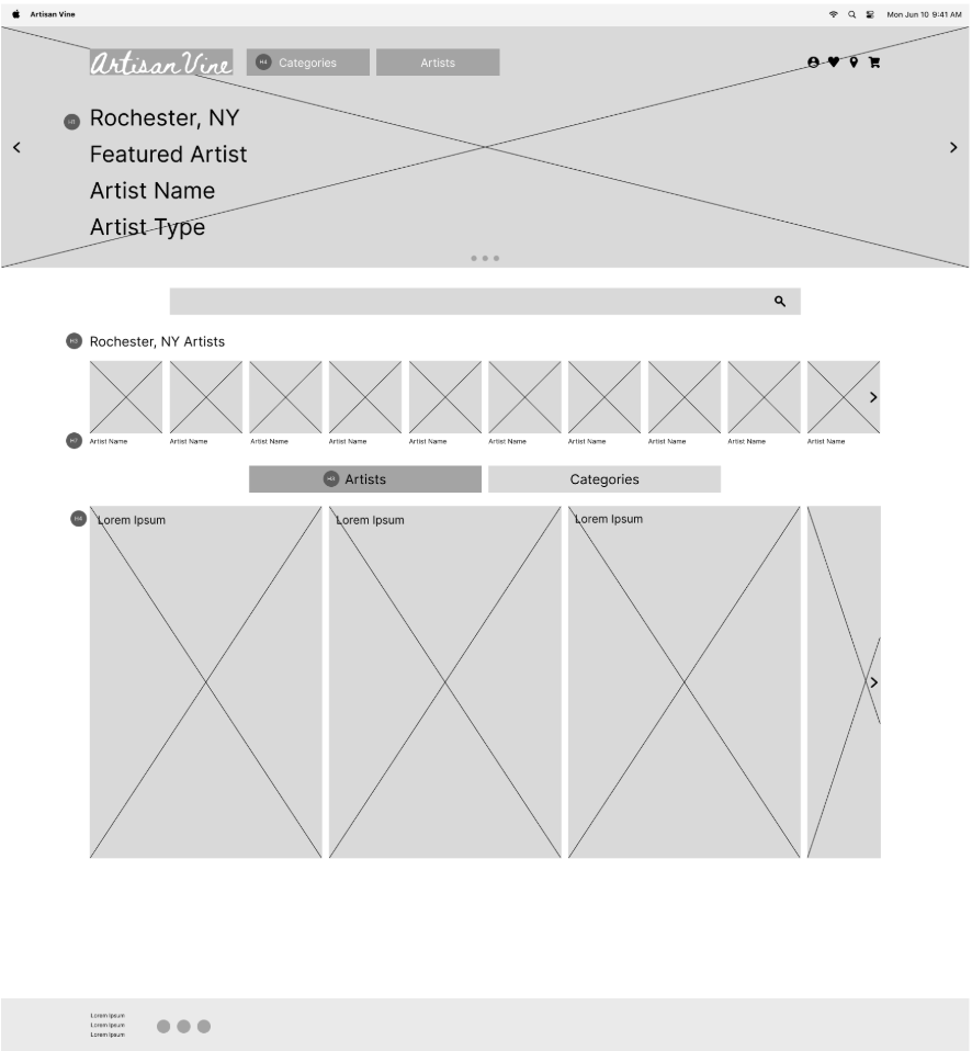 Digital wireframe of the home screen for web size.