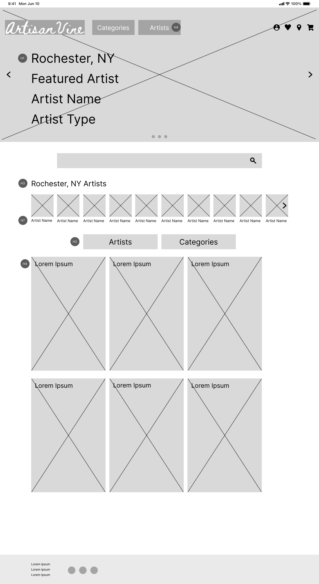 Digital wireframe of the home screen for tablet size.