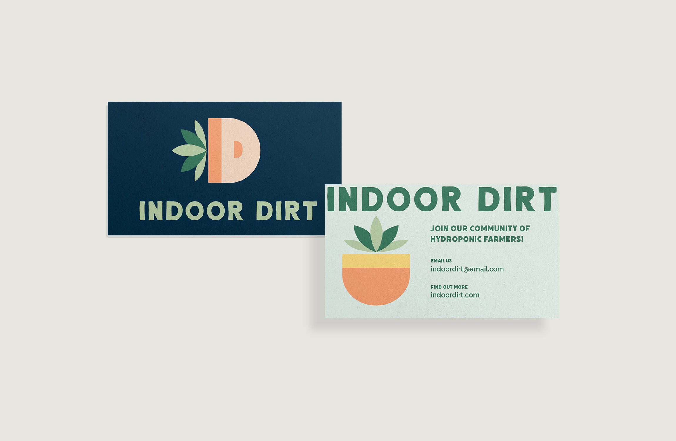 Indoor Dirt business card. The front has the wordmark and potted plant illustration, email and website. The back shows the wordmark and logo symbol.