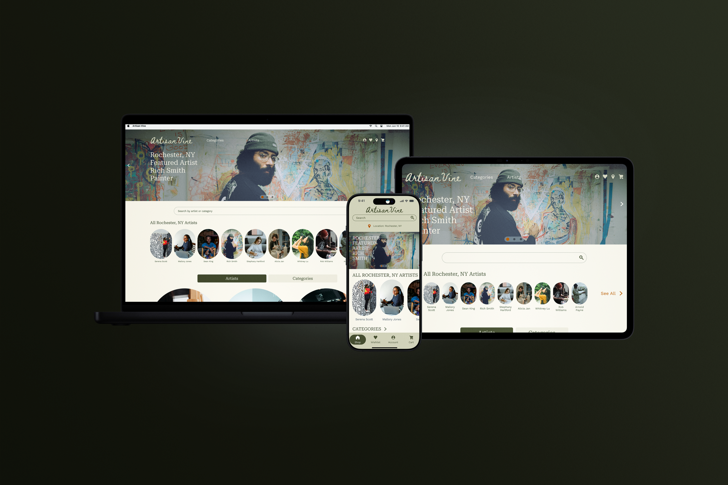 Laptop, tablet, and iPhone showing the app's home screen on each.