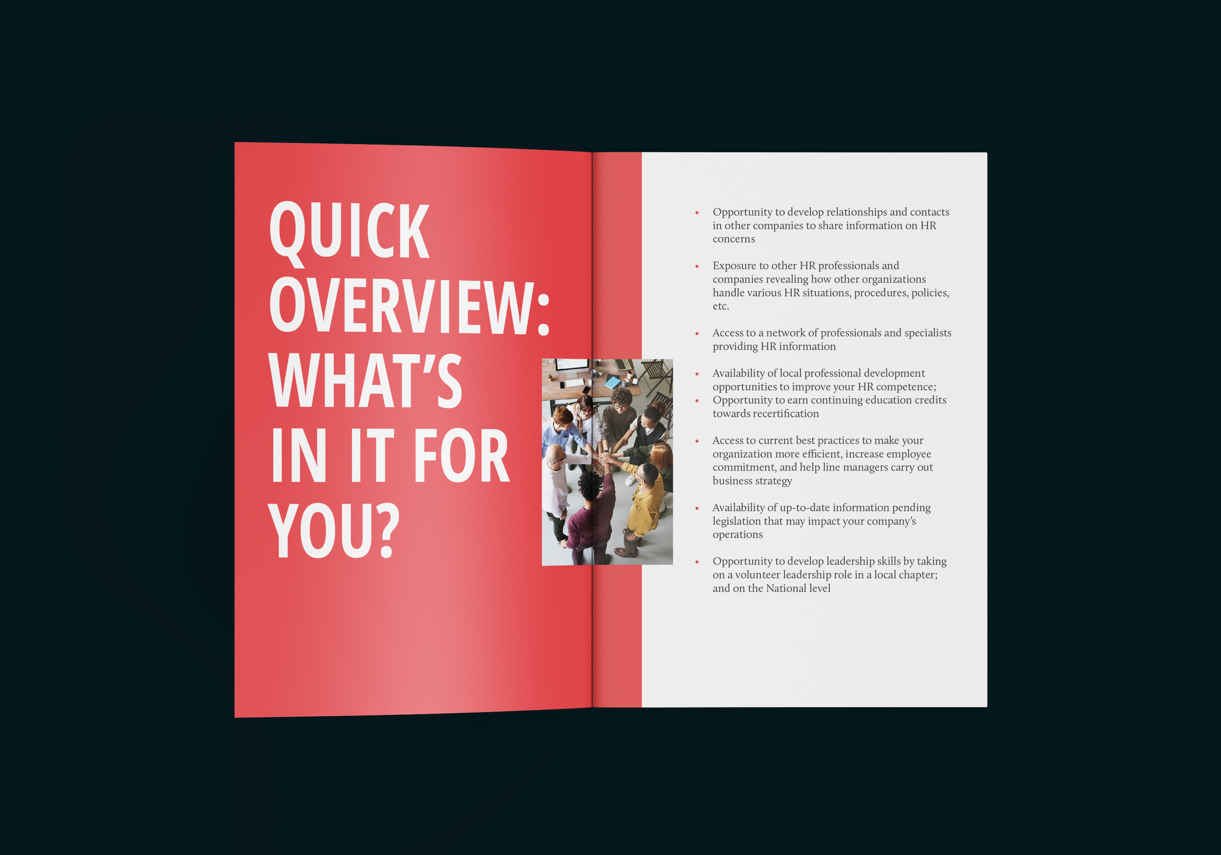 A booklet spread with the title, "Quick Overview: What's in it for you?" on the left page, and bullet points of information on the right page.