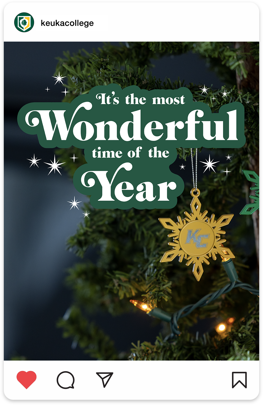 Instagram post with "It's the most Wonderful time of the Year" overlaid on top of a Christmas tree with a Keuka College snowflake ornament.
