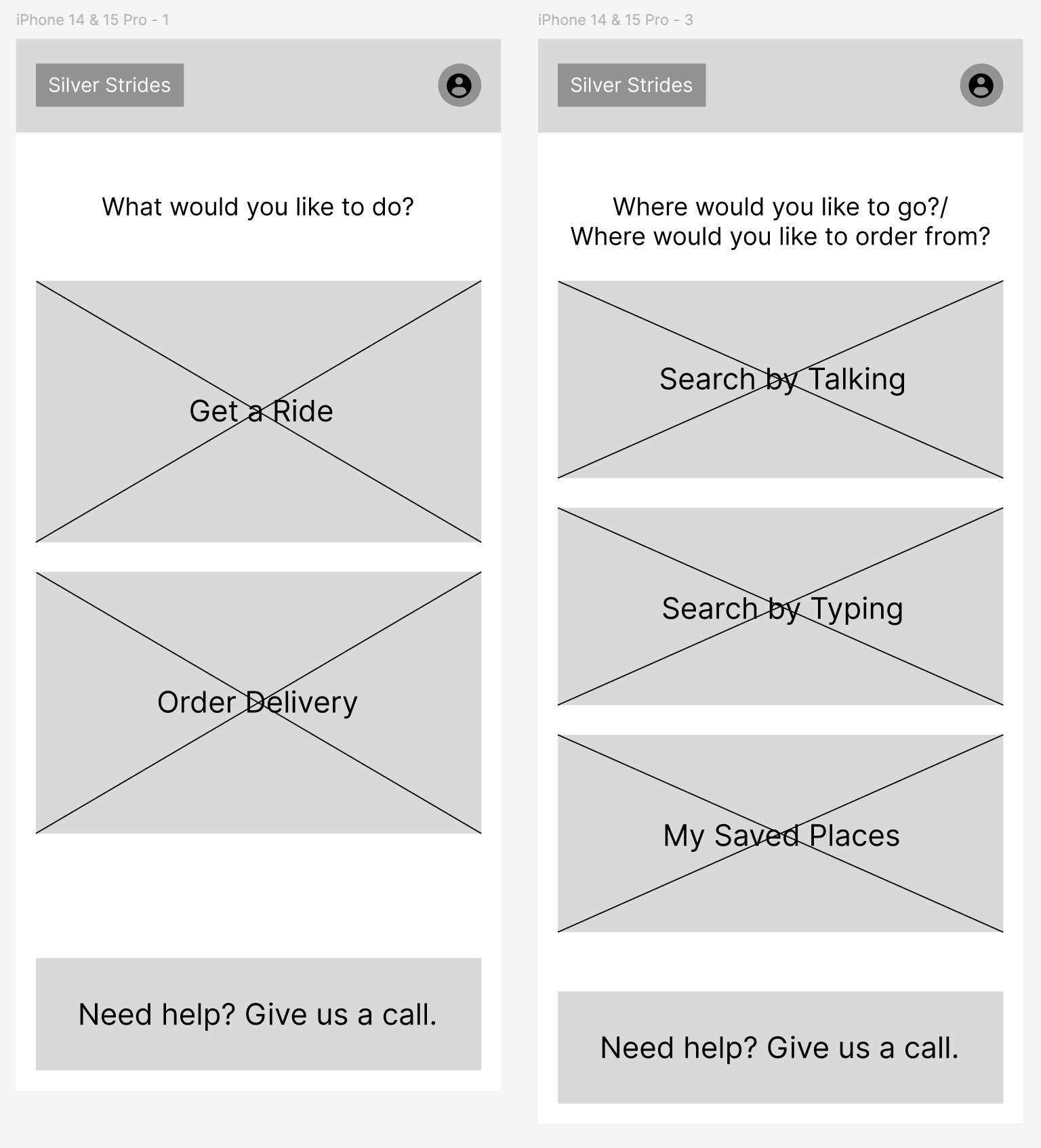 2 digital wireframe screens for choosing a ride and a search method.