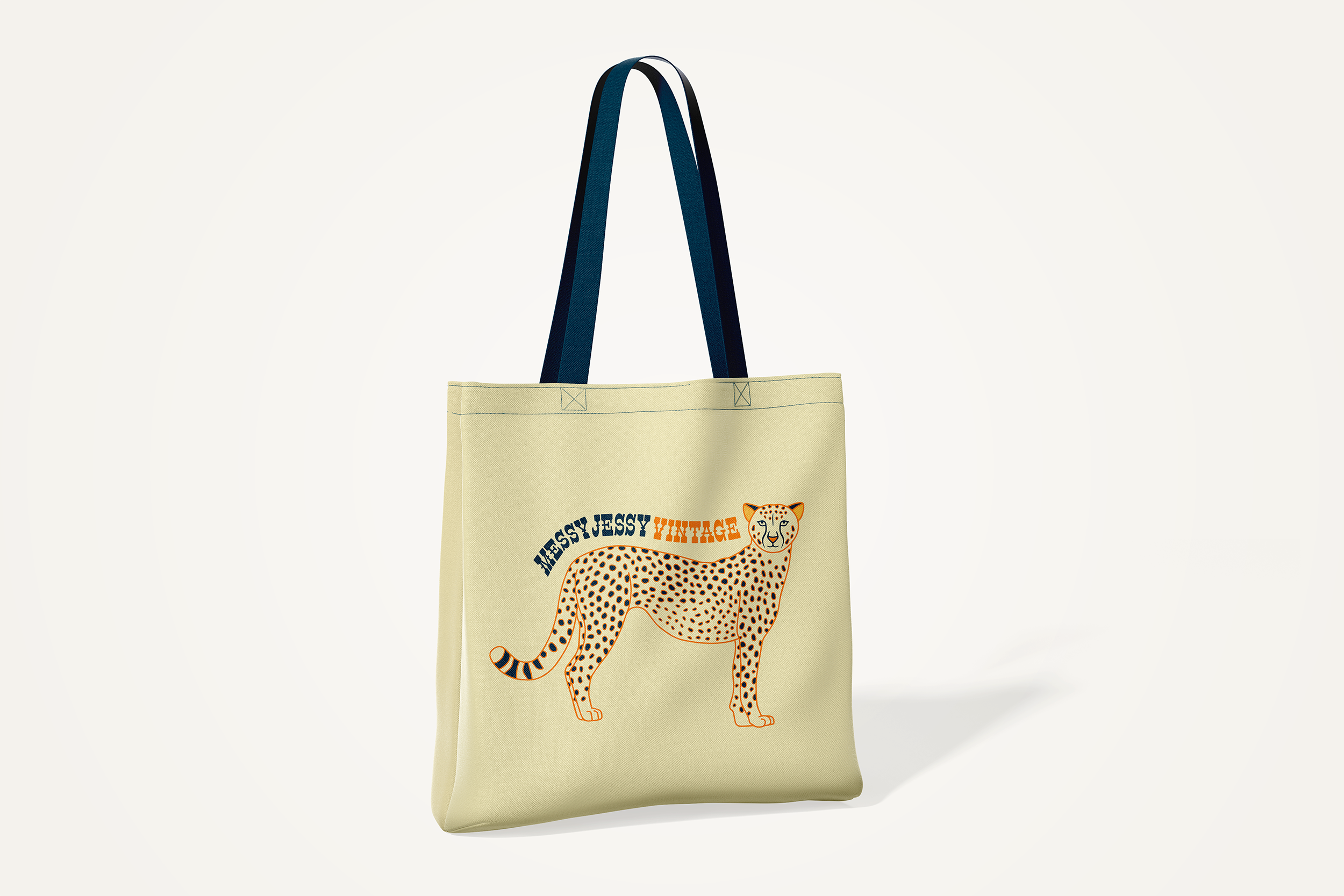 Messy Jessy Vintage rebrand supporting element cheetah illustration on a tote bag.