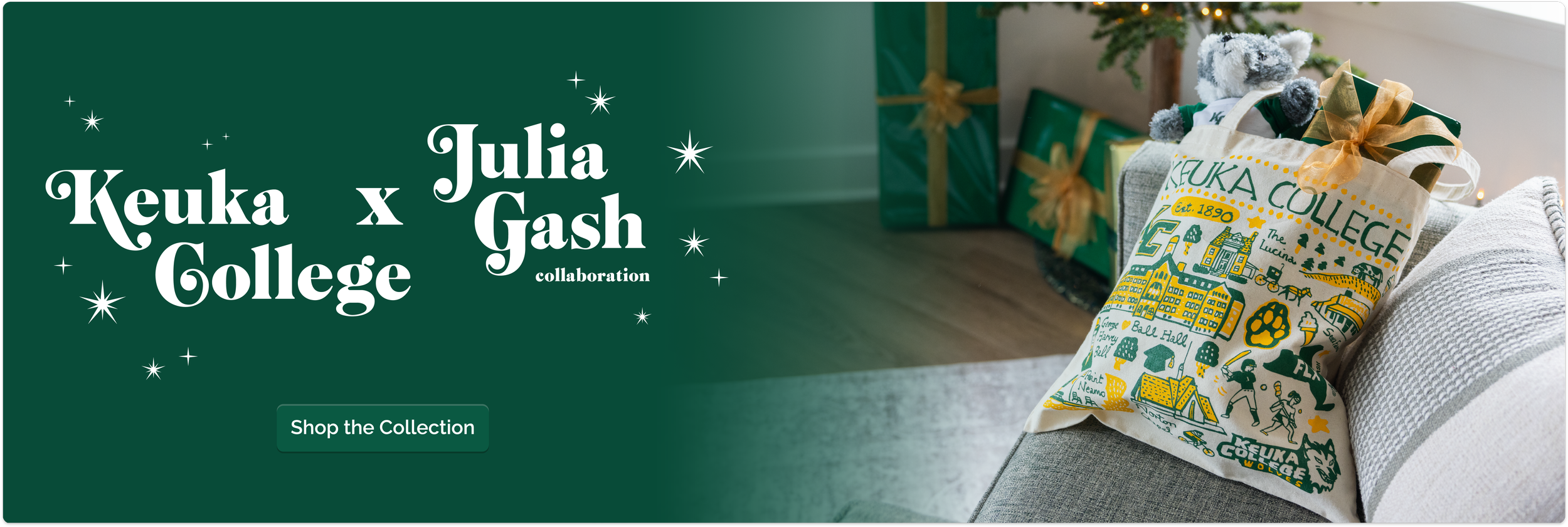 Website header advertising the Julia Gash collab with Keuka College, highlighting a tote bag.