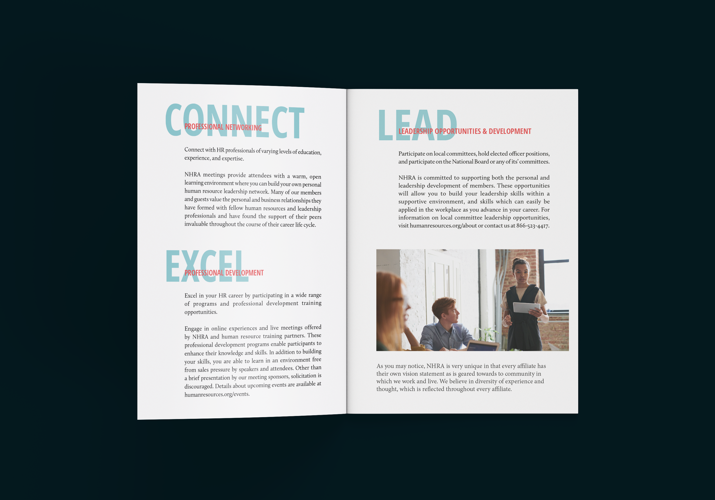 A booklet spread with the titles, "Connect", "Excel", and "Lead" with information below each.