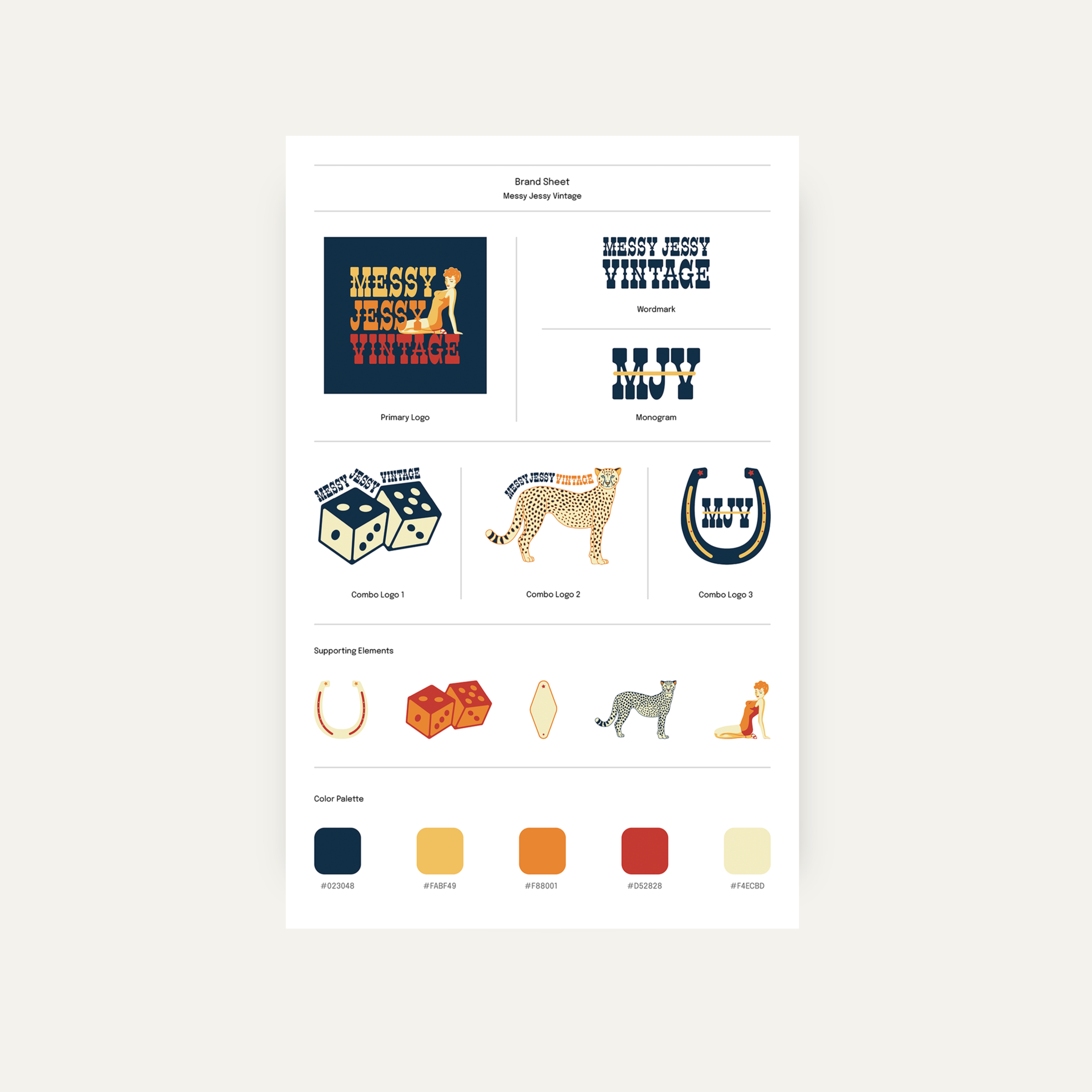 Brand sheet for Messy Jessy Vintage rebrand. It displays the primary logo, wordmark, monogram, 3 combo logos, supporting elements, and color palette.