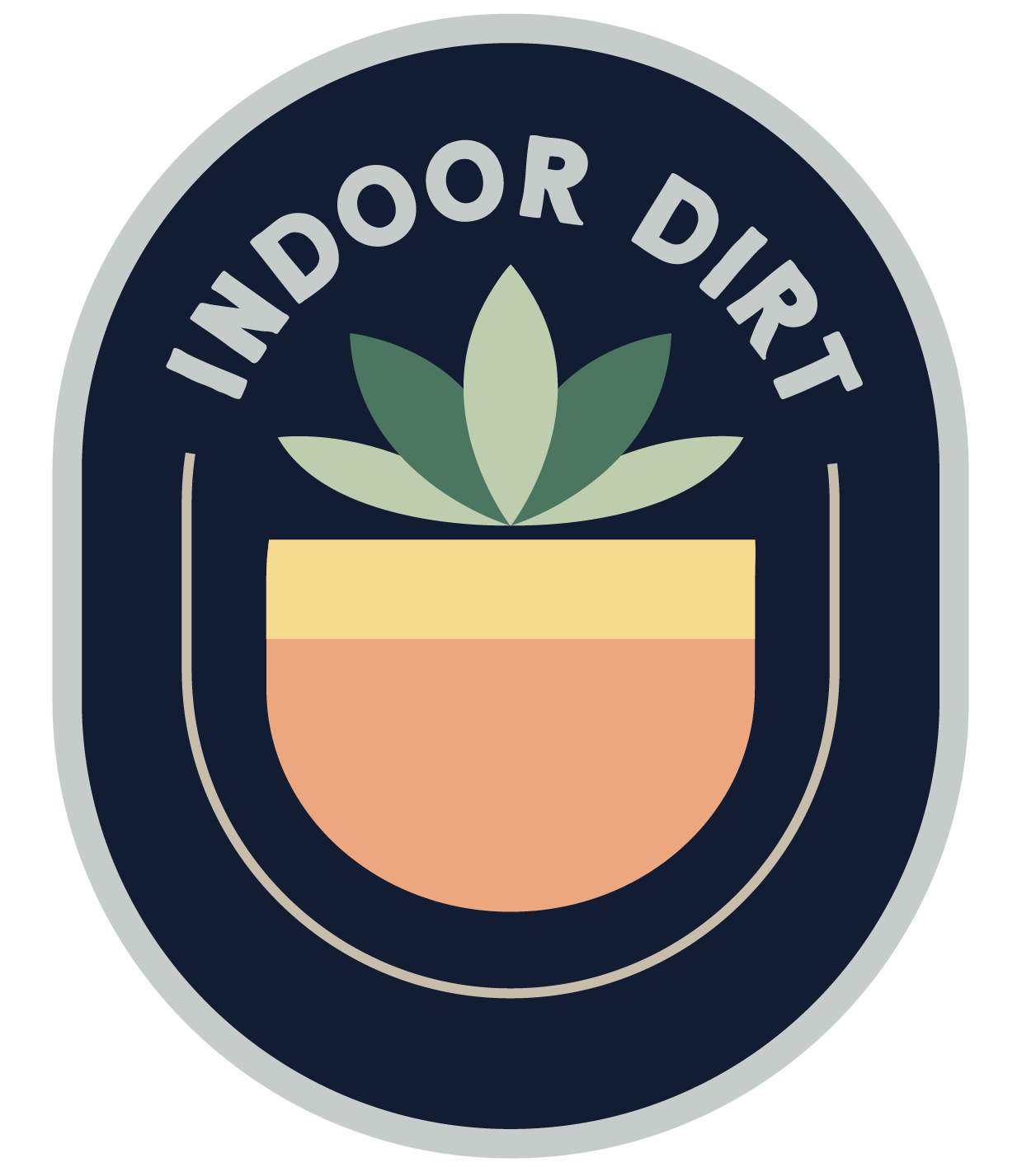 Indoor Dirt logo. It shows "Indoor Dirt" arched over a potted succulent illustration inside a dark blue vertical oval with a light blue outline.
