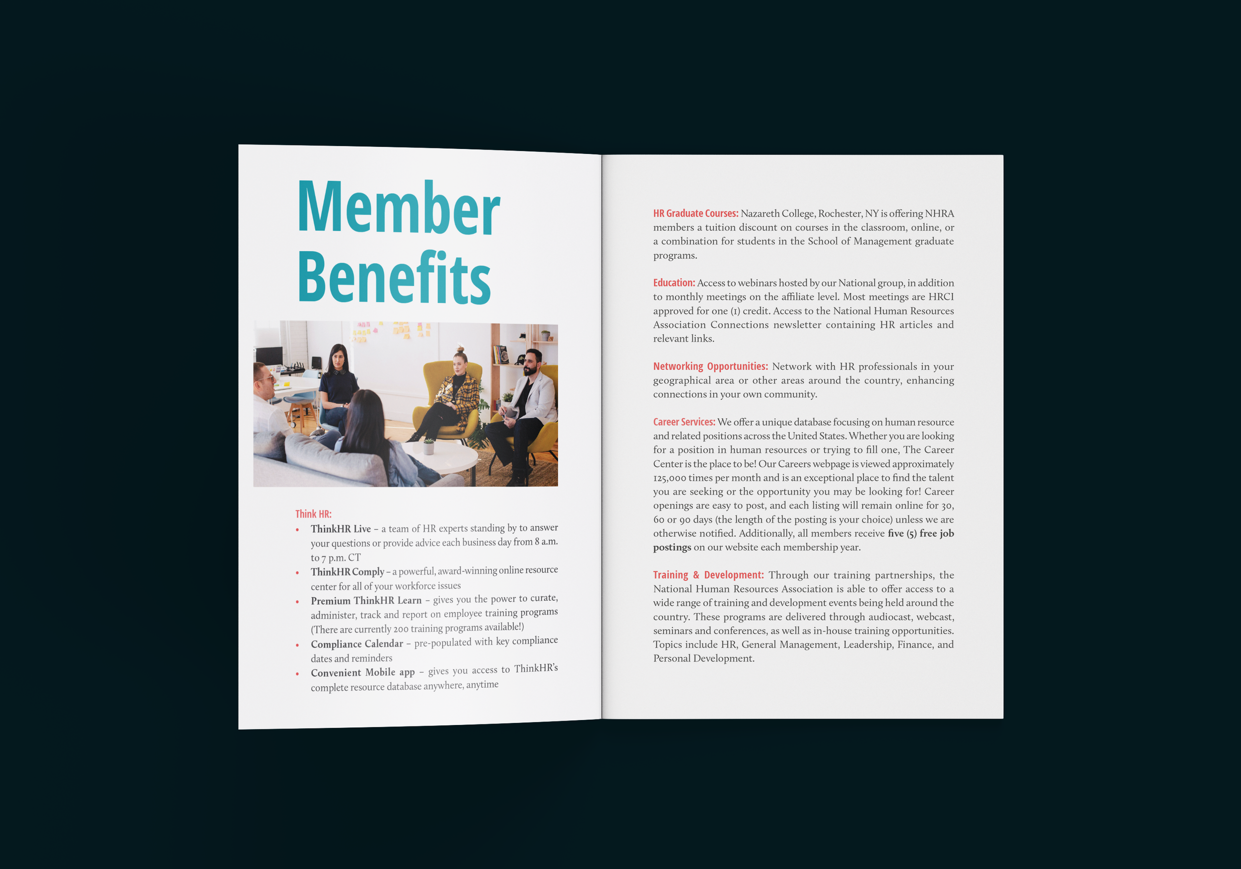 A booklet spread with the title, "Member Benefits" with bullet points of information on the left page, and bullet points of information on the right page.