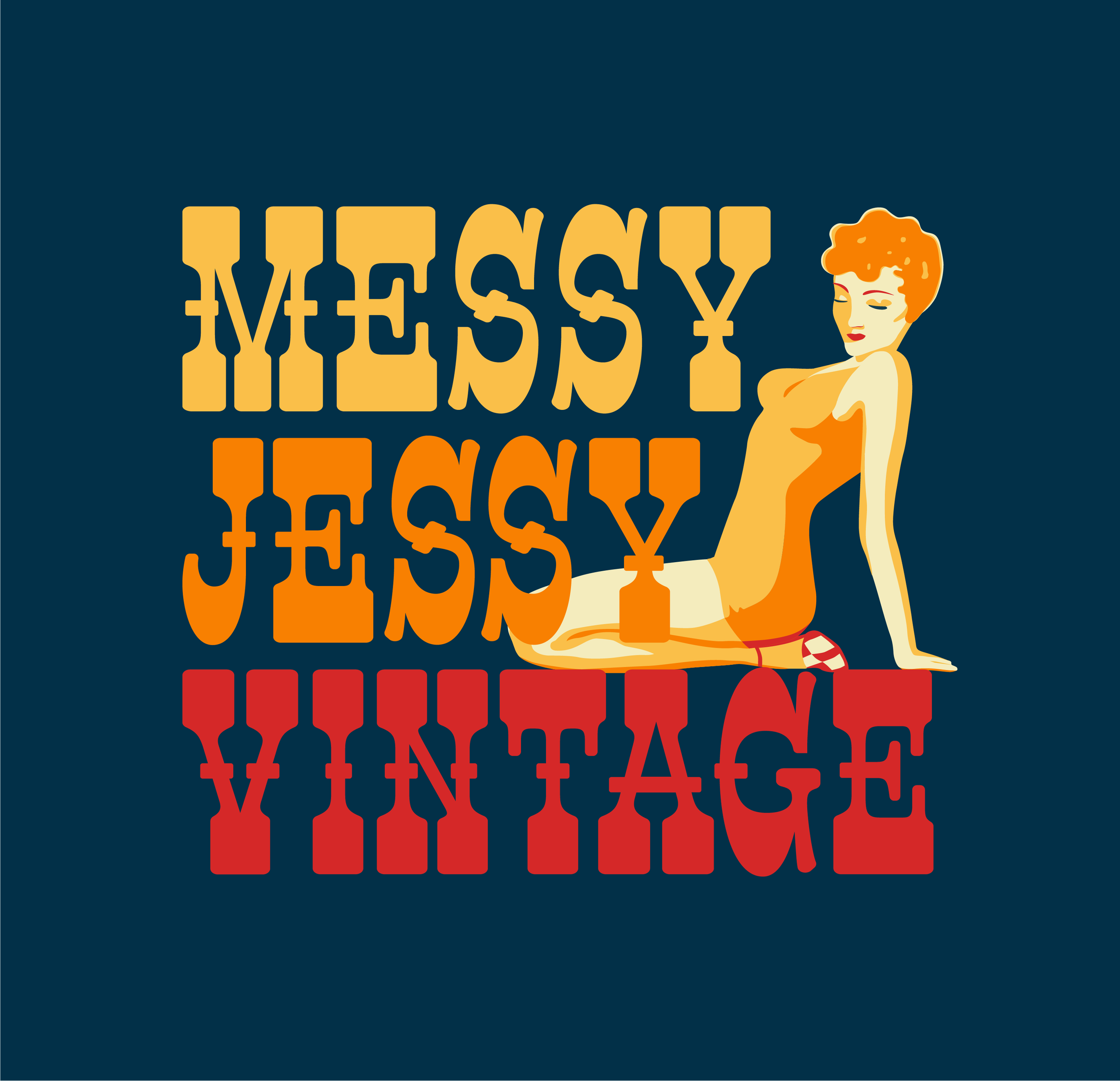 Primary logo: stacked "Messy Jessy Vintage" with a pinup girl to the right, on top of a dark blue background.